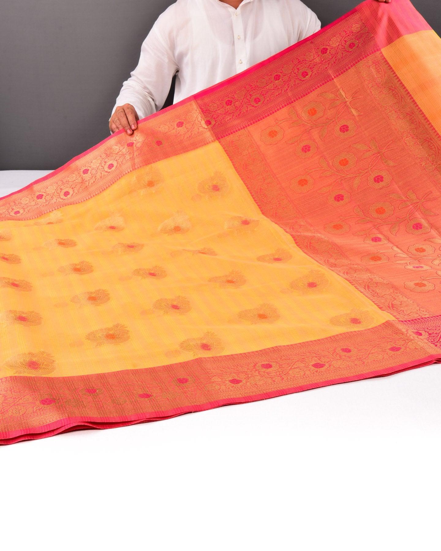 Marigold Yellow Banarasi Check Texture Meena Zari Buta Cutwork Brocade Woven Cotton Silk Saree with Contrast Pink Border Pallu - By HolyWeaves, Benares