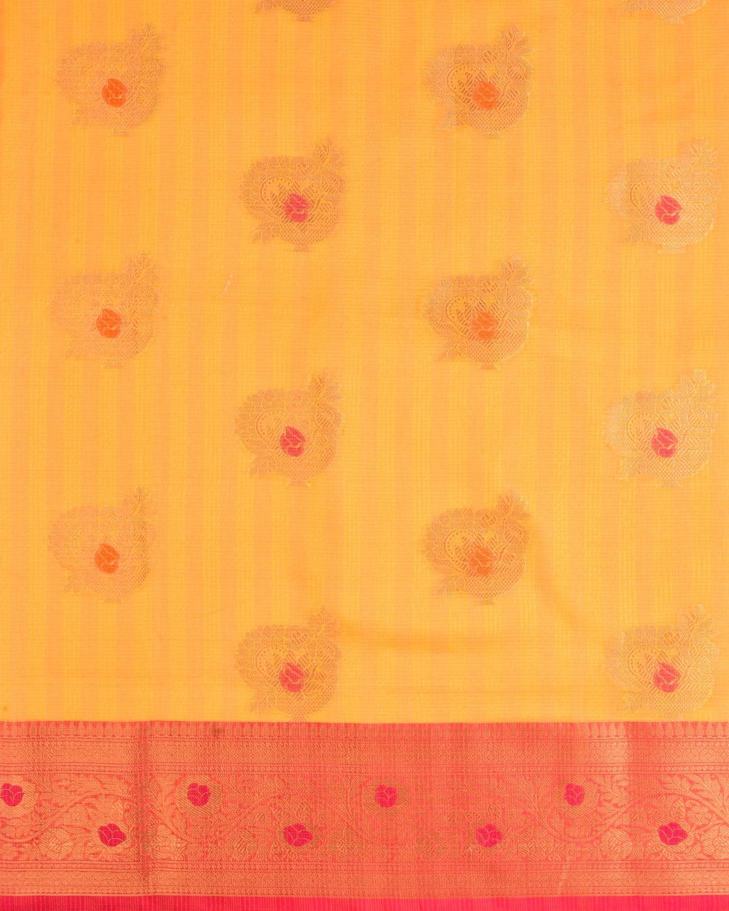Marigold Yellow Banarasi Check Texture Meena Zari Buta Cutwork Brocade Woven Cotton Silk Saree with Contrast Pink Border Pallu - By HolyWeaves, Benares