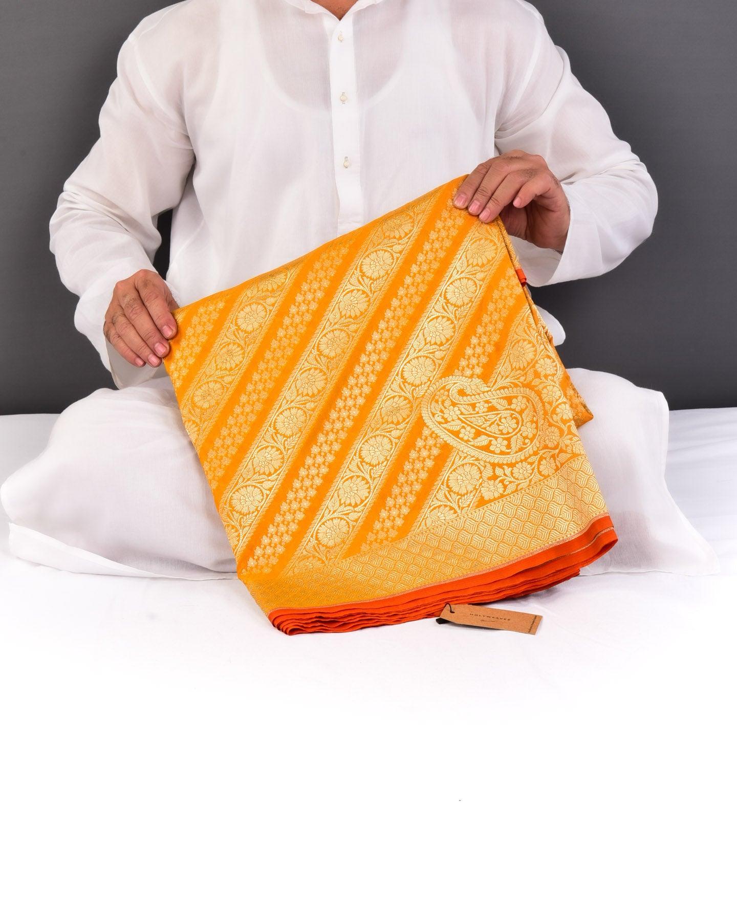 Marigold Yellow Banarasi Diagonal Aada Jaal Cutwork Brocade Woven Art Silk Saree - By HolyWeaves, Benares