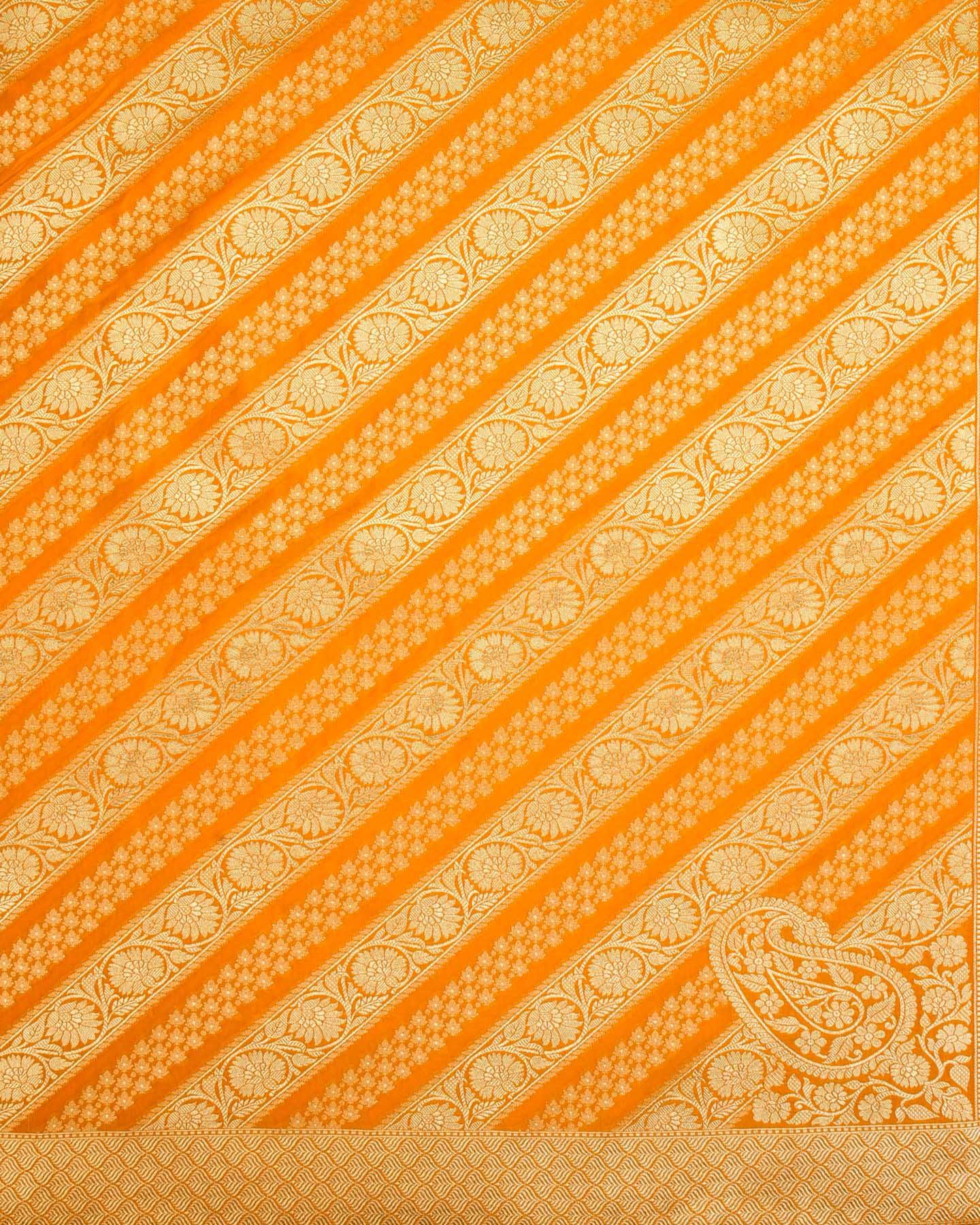 Marigold Yellow Banarasi Diagonal Aada Jaal Cutwork Brocade Woven Art Silk Saree - By HolyWeaves, Benares