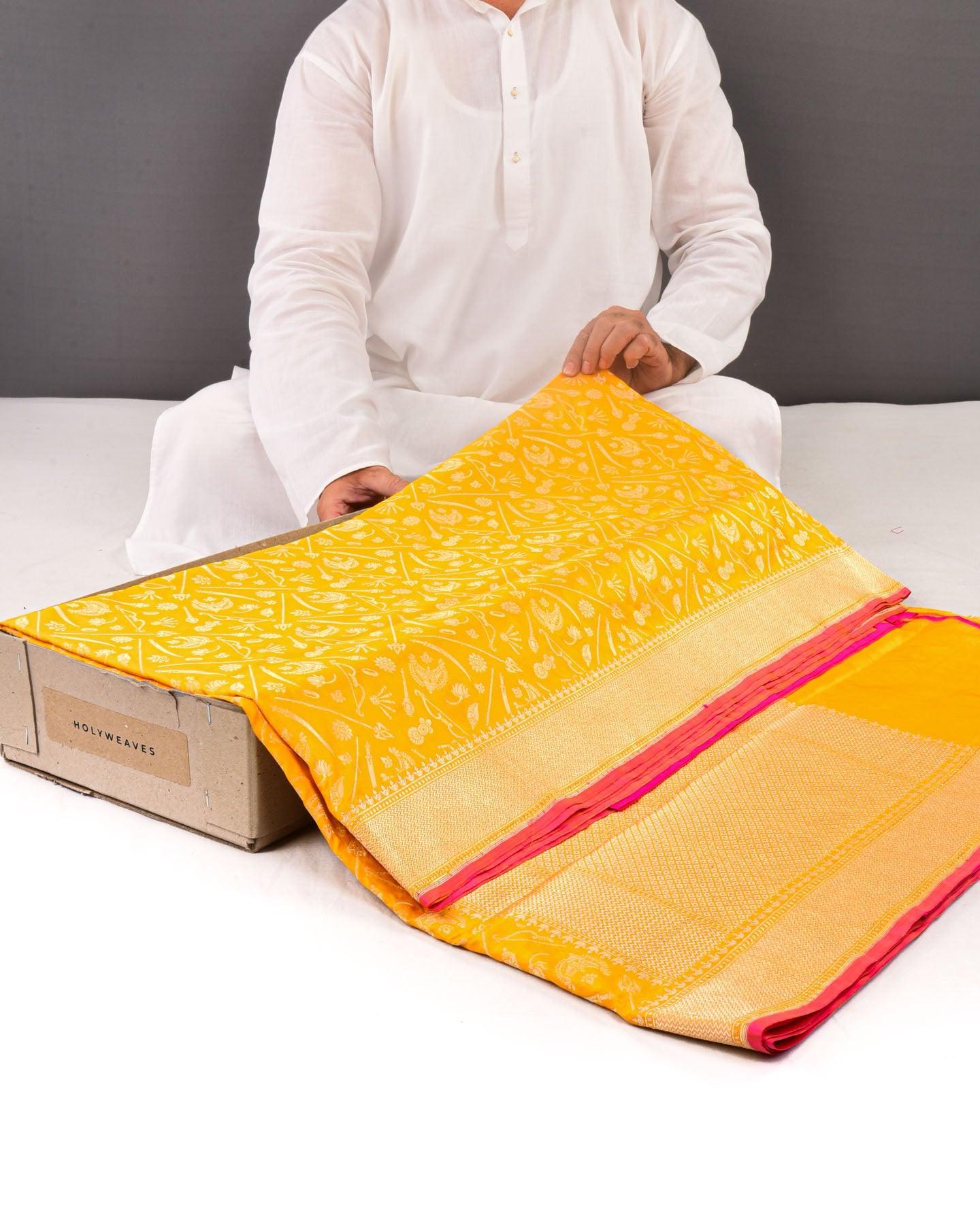 Marigold Yellow Banarasi "Gauri" Paudi Cutwork Brocade Handwoven Katan Silk Saree - By HolyWeaves, Benares