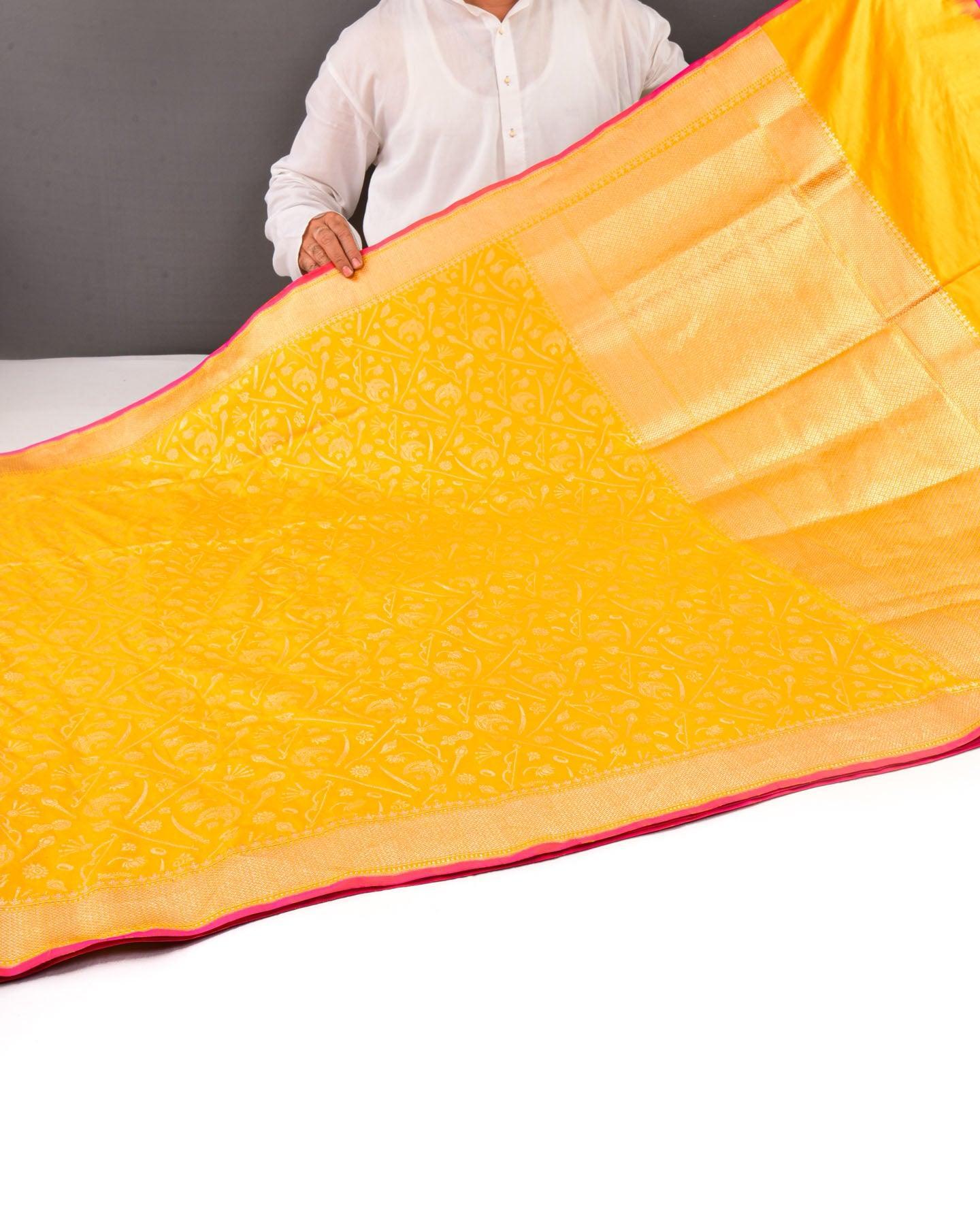 Marigold Yellow Banarasi "Gauri" Paudi Cutwork Brocade Handwoven Katan Silk Saree - By HolyWeaves, Benares