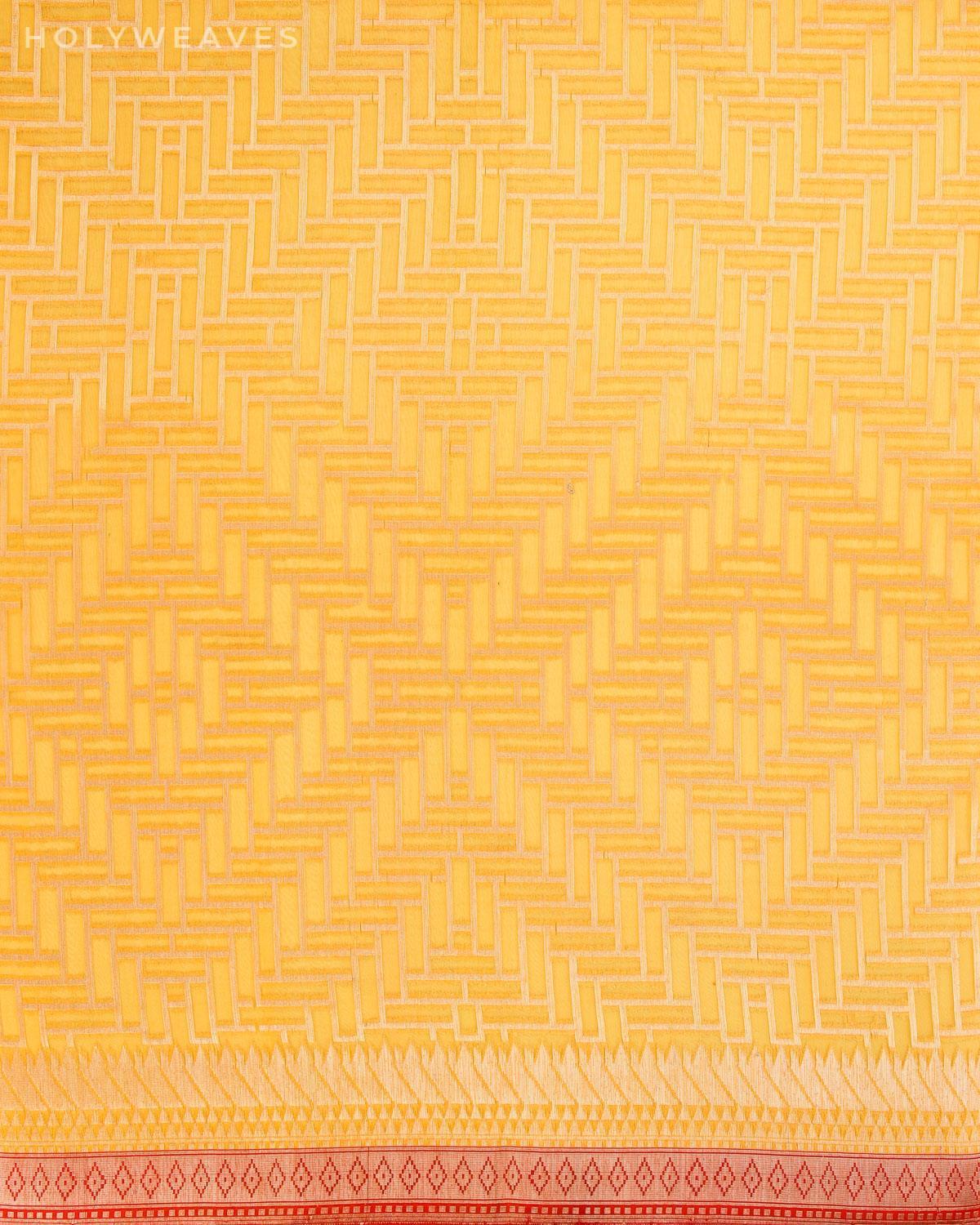Marigold Yellow Banarasi Geometric Grids Cutwork Brocade Handwoven Kora Silk Saree with Brocade Blouse Piece - By HolyWeaves, Benares