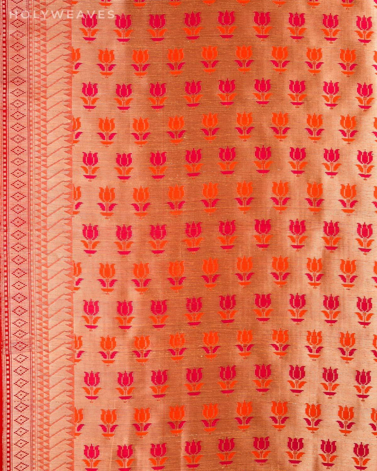 Marigold Yellow Banarasi Geometric Grids Cutwork Brocade Handwoven Kora Silk Saree with Brocade Blouse Piece - By HolyWeaves, Benares