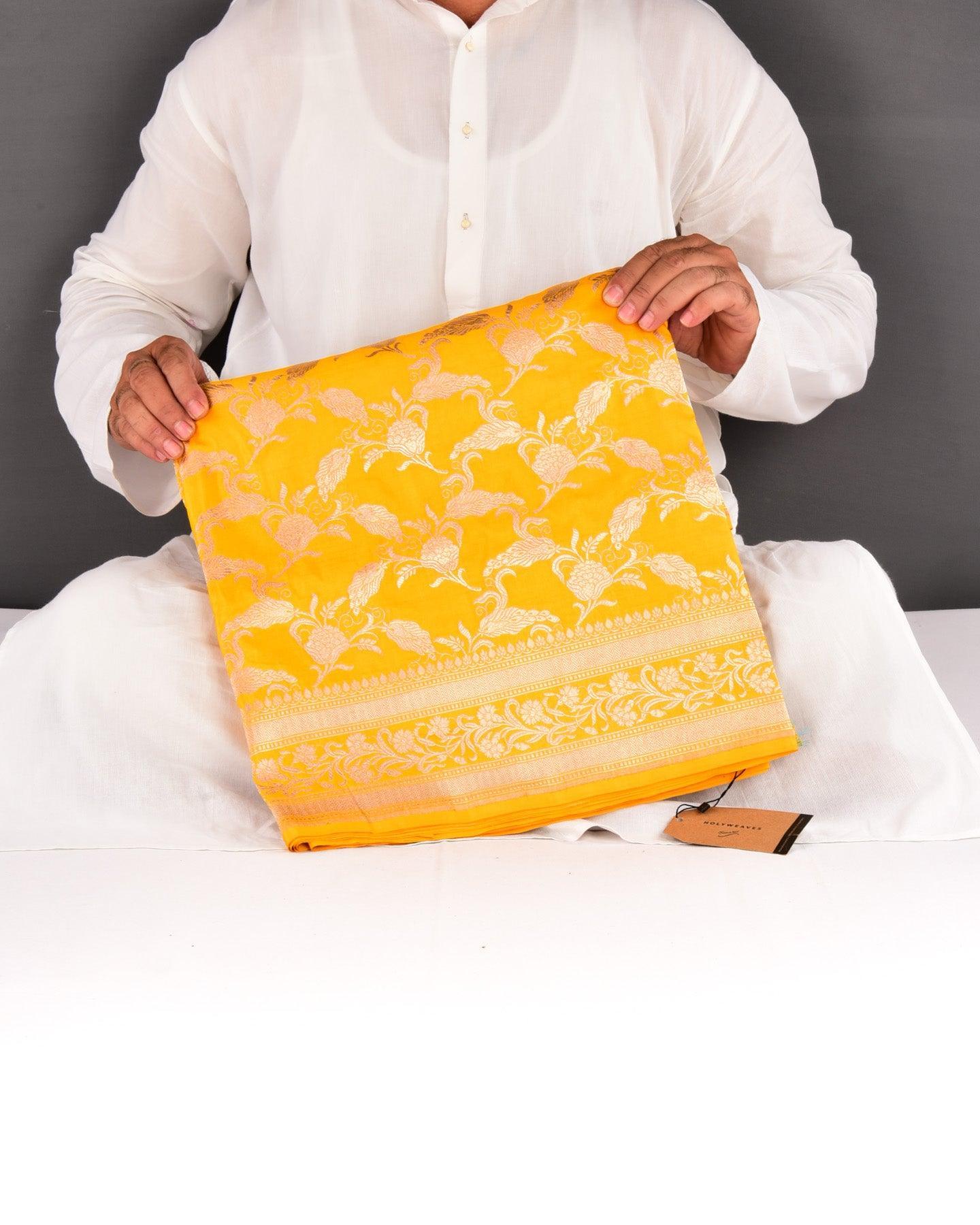 Marigold Yellow Banarasi Gold Zari Floral Jaal Cutwork Brocade Handwoven Katan Silk Saree - By HolyWeaves, Benares