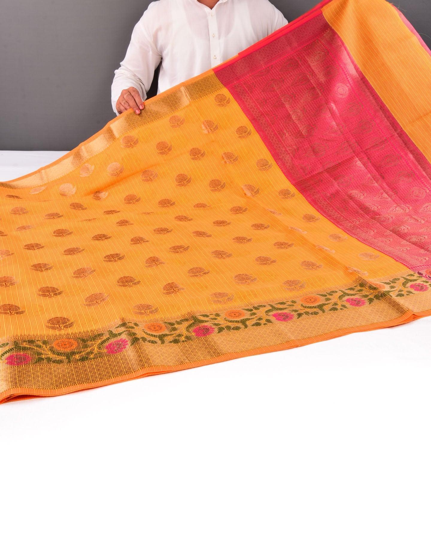 Marigold Yellow Banarasi Kota Check Texture Antique Zari Buta Cutwork Brocade Woven Cotton Silk Saree with Meena Bel Brocade Border - By HolyWeaves, Benares