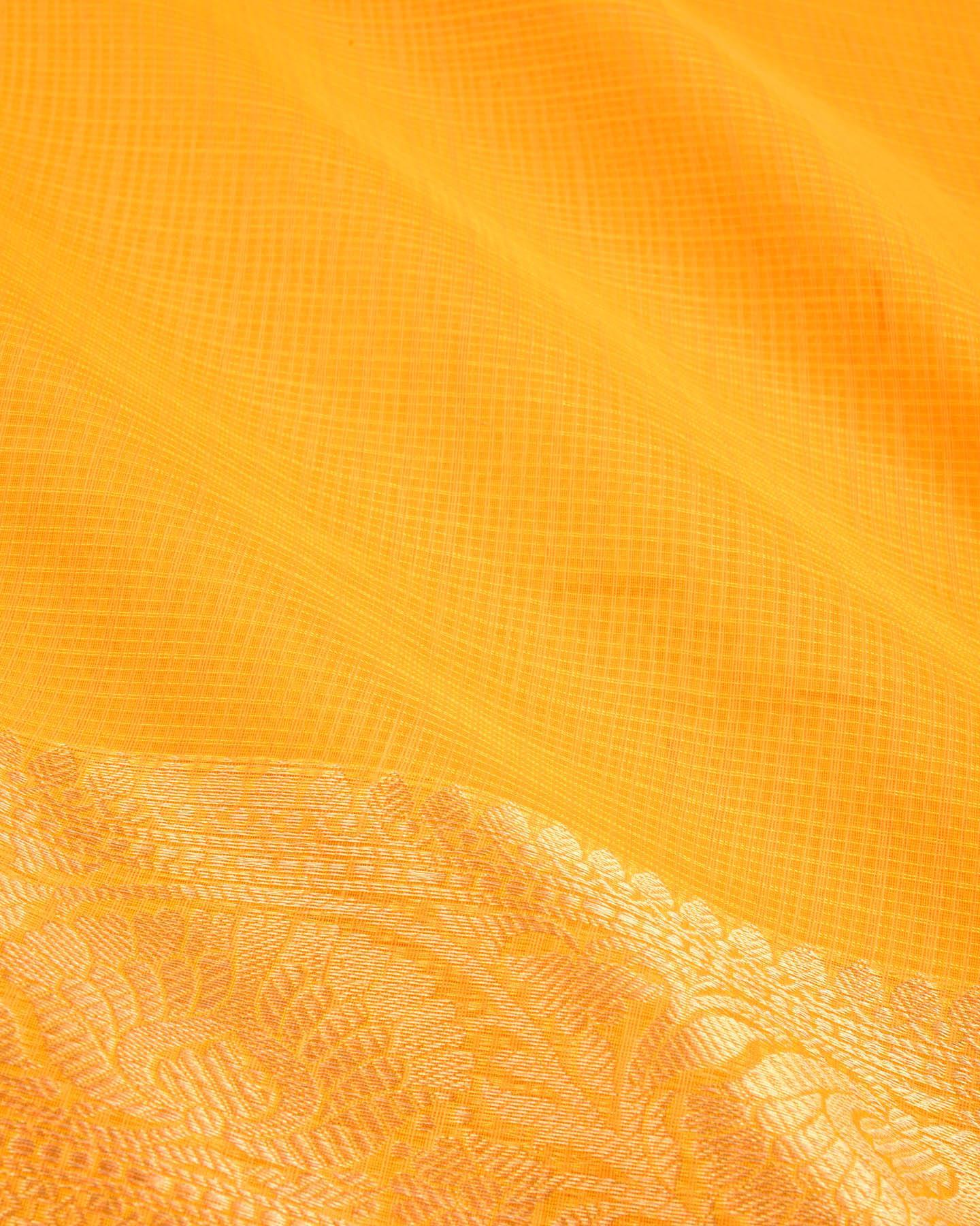 Marigold Yellow Banarasi Kota Check Zari Border Brocade Woven Blended Cotton Silk Saree - By HolyWeaves, Benares
