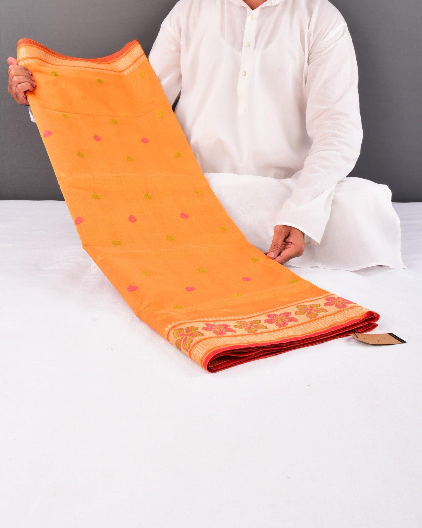 Marigold Yellow Banarasi Resham Buti Cutwork Brocade Woven Cotton Silk Saree - By HolyWeaves, Benares