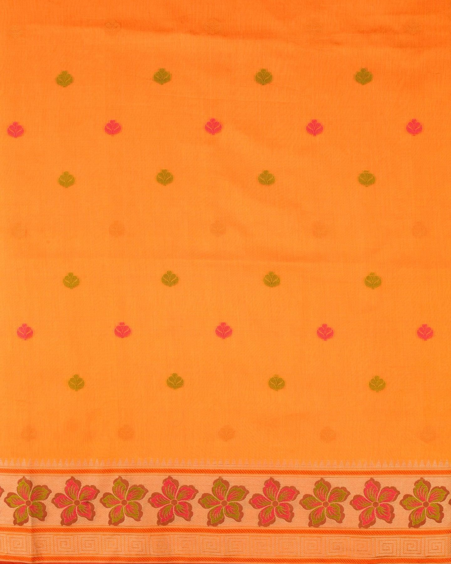 Marigold Yellow Banarasi Resham Buti Cutwork Brocade Woven Cotton Silk Saree - By HolyWeaves, Benares