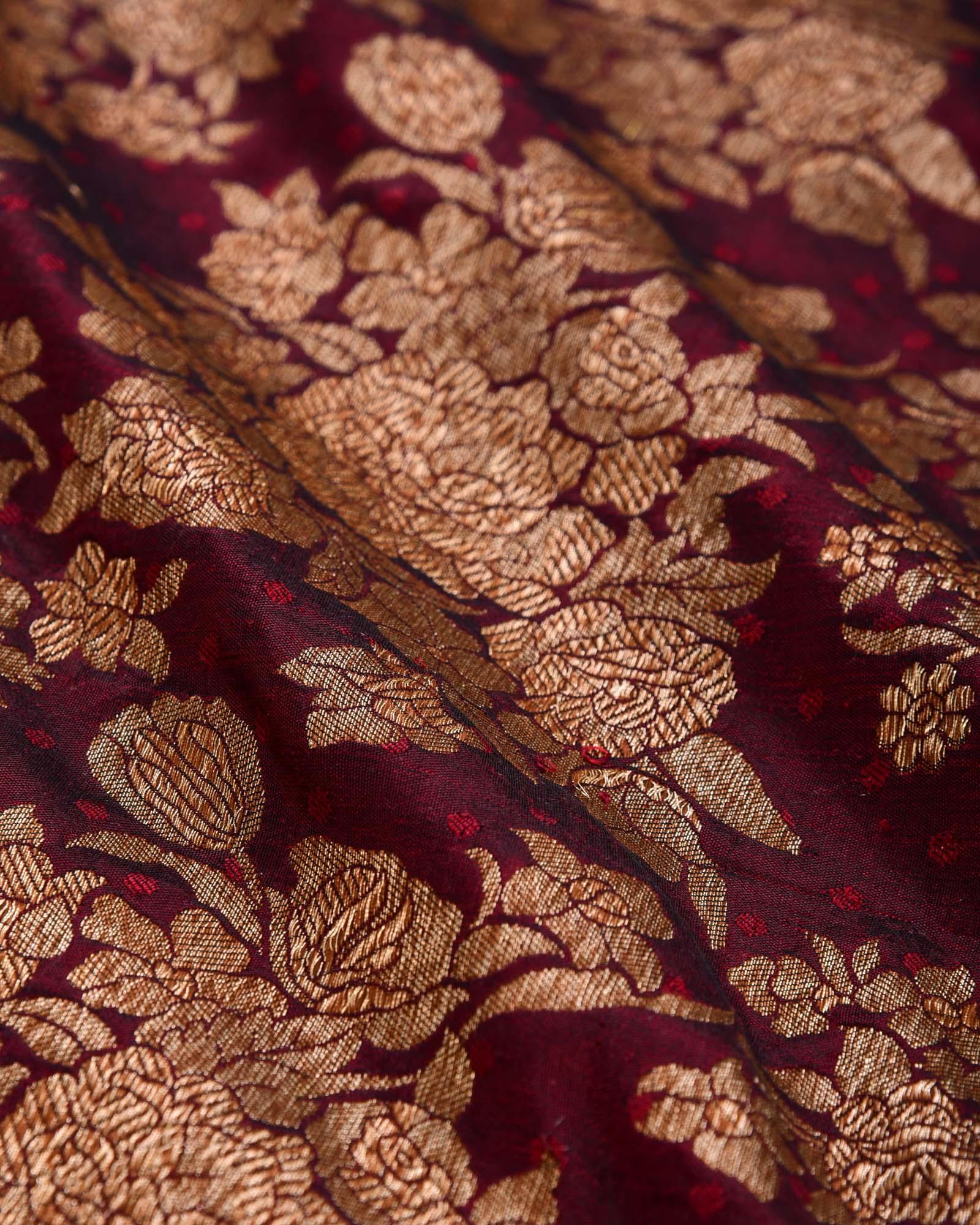 Maroon Antique Zari Rose Brocade Handwoven Pure Silk Pocket Square For Men - By HolyWeaves, Benares