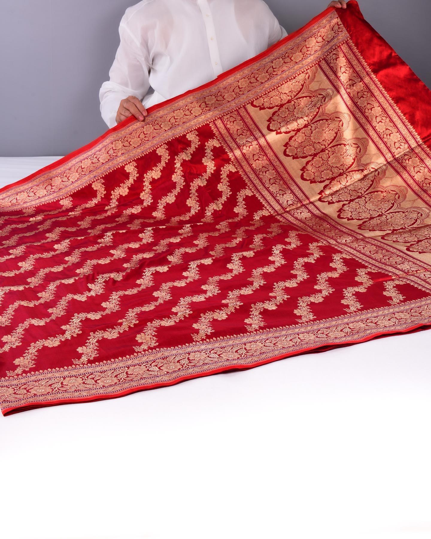 Maroon Banarasi Aada Jaal Kadhuan Brocade Handwoven Katan Silk Saree - By HolyWeaves, Benares