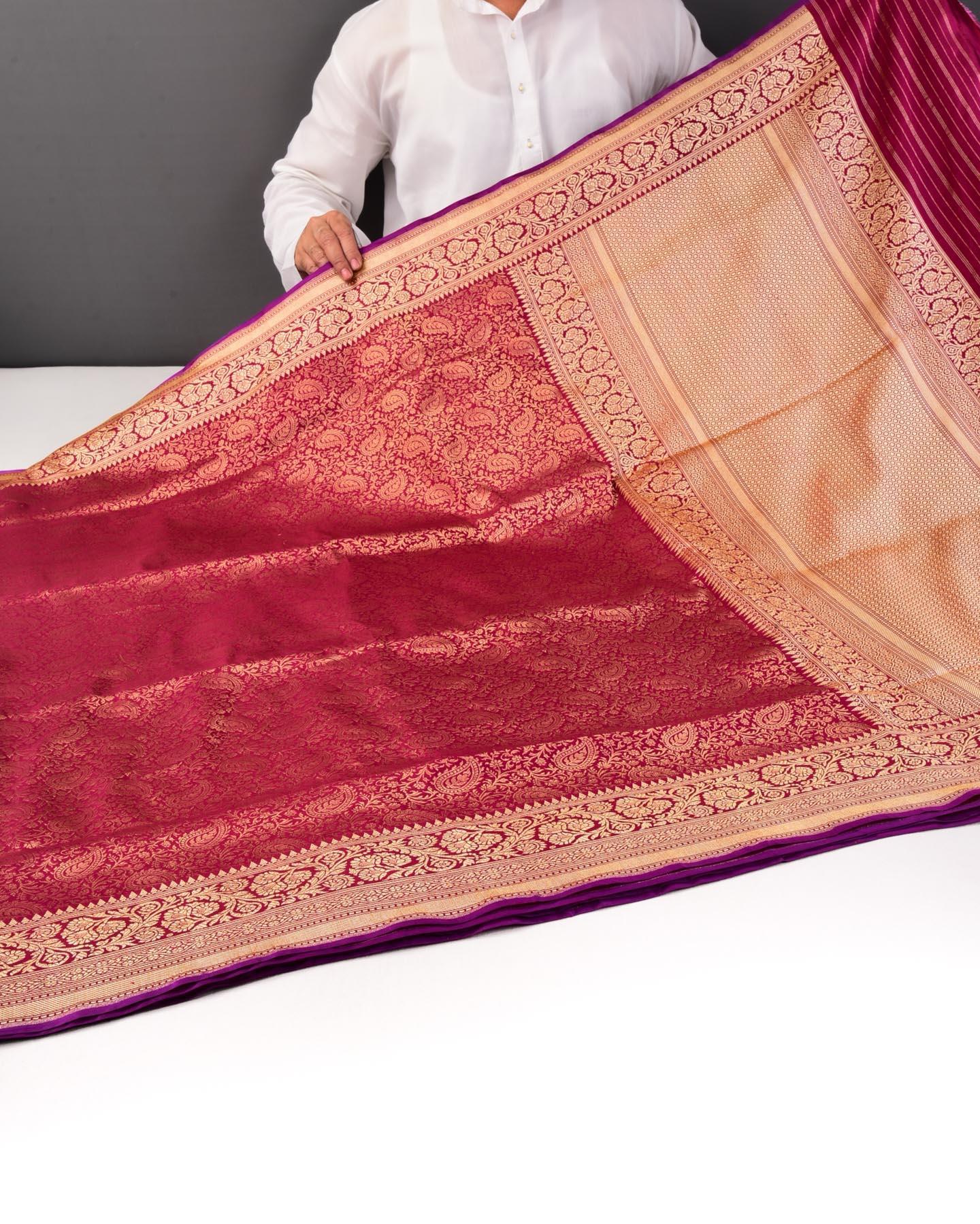 Maroon Banarasi All-over Zari Weave Brocade Handwoven Katan Silk Saree - By HolyWeaves, Benares