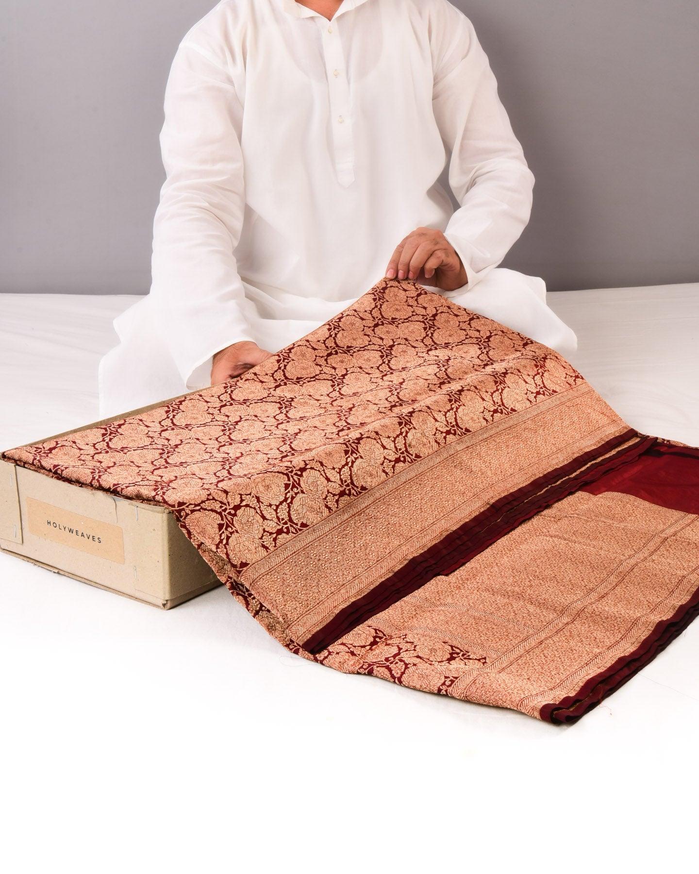 Maroon Banarasi Antique Zari Gulaab Jaal Cutwork Brocade Handwoven Katan Silk Saree - By HolyWeaves, Benares