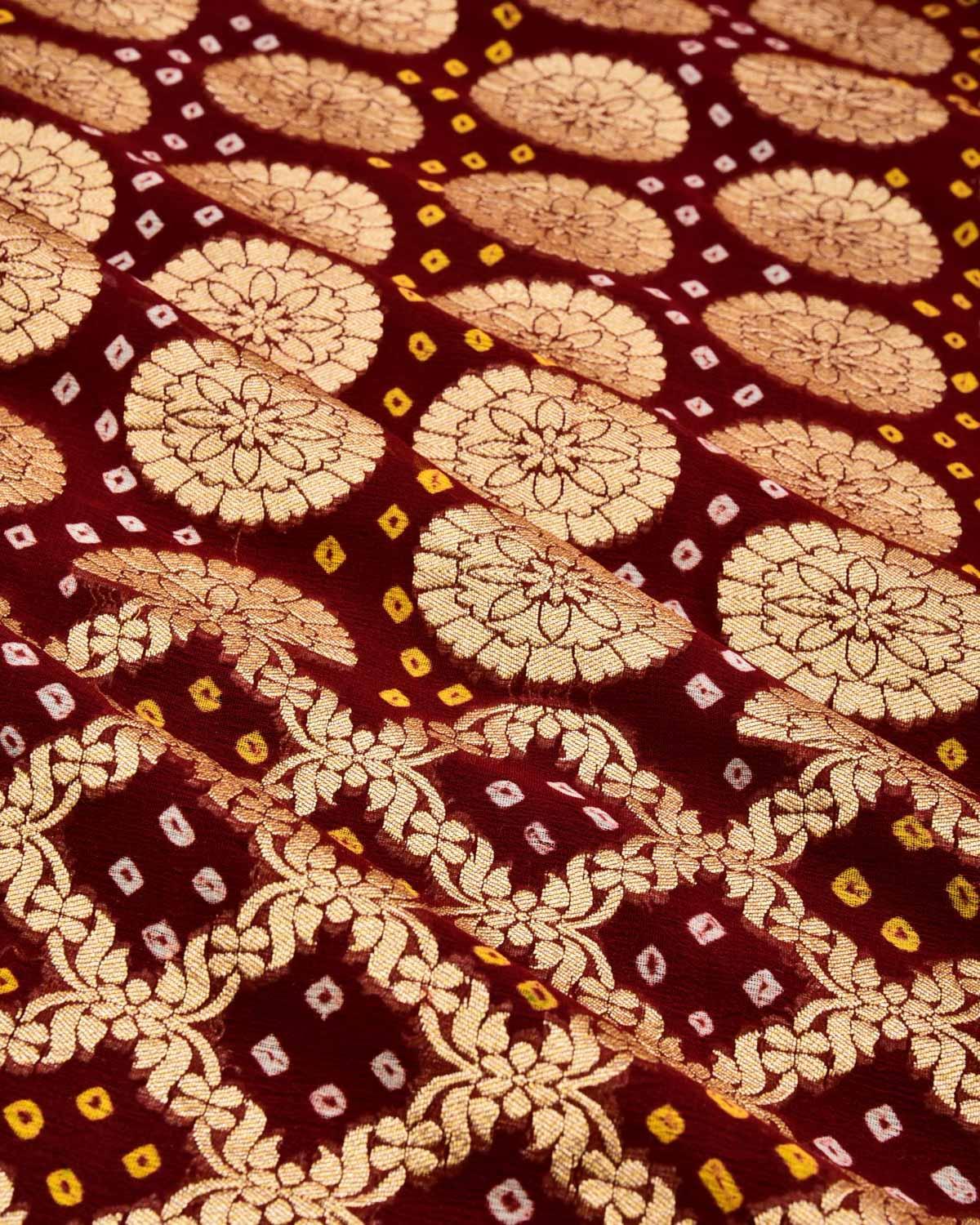 Maroon Banarasi Big Floral Buta Gold Zari Cutwork Brocade Handwoven Khaddi Georgette Dupatta with White & Yellow Bandhej - By HolyWeaves, Benares