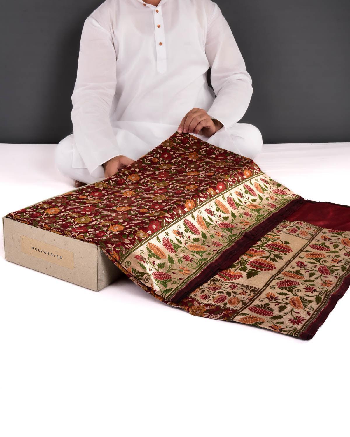 Maroon Banarasi Chauhara Floral Resham and Zari Paudi Cutwork Brocade Handwoven Katan Silk Saree - By HolyWeaves, Benares