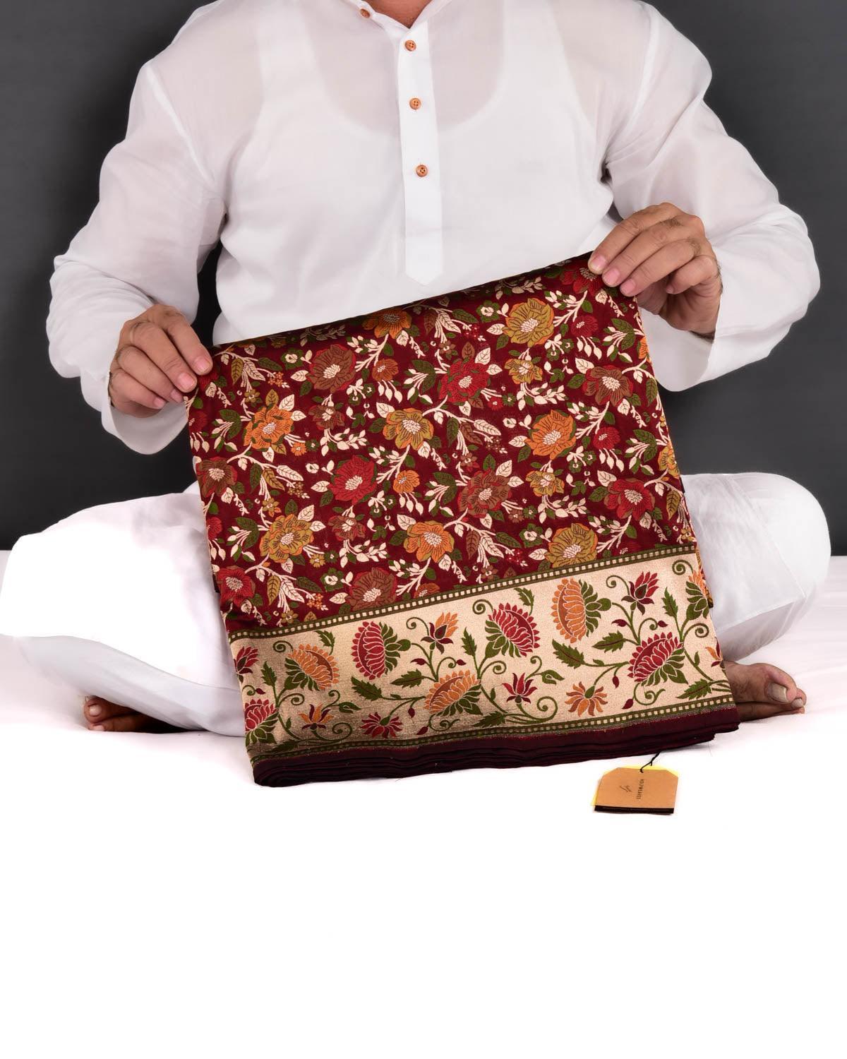 Maroon Banarasi Chauhara Floral Resham and Zari Paudi Cutwork Brocade Handwoven Katan Silk Saree - By HolyWeaves, Benares