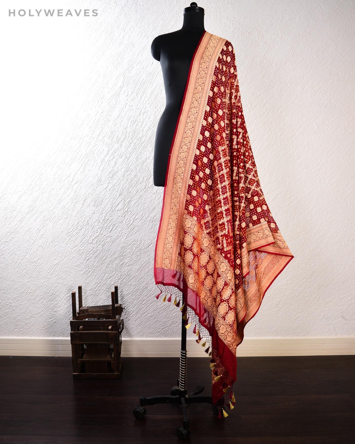 Maroon Banarasi Cutwork Brocade Handwoven Khaddi Georgette Dupatta with 2-color Bandhej - By HolyWeaves, Benares