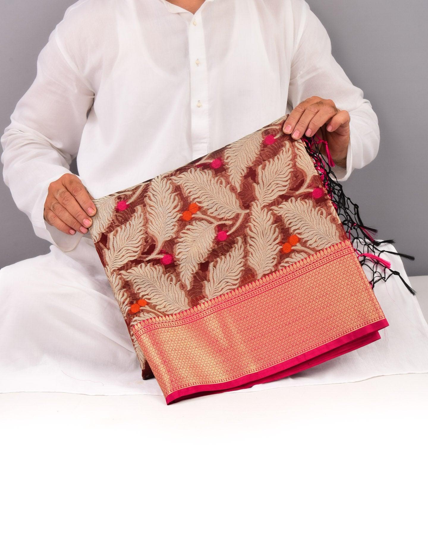 Maroon Banarasi Feather Cutwork Brocade Woven Art Cotton Silk Saree - By HolyWeaves, Benares