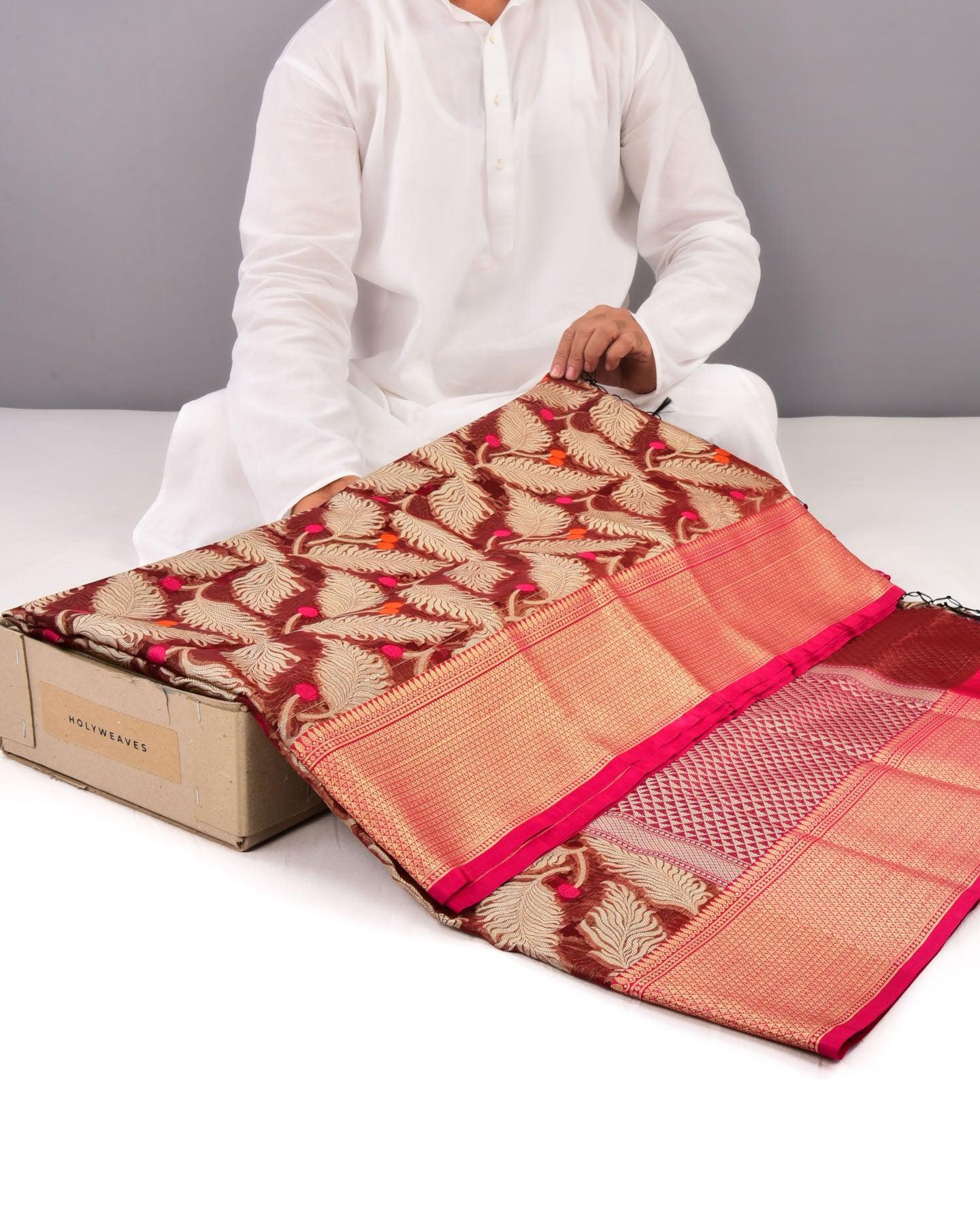 Maroon Banarasi Feather Cutwork Brocade Woven Art Cotton Silk Saree - By HolyWeaves, Benares