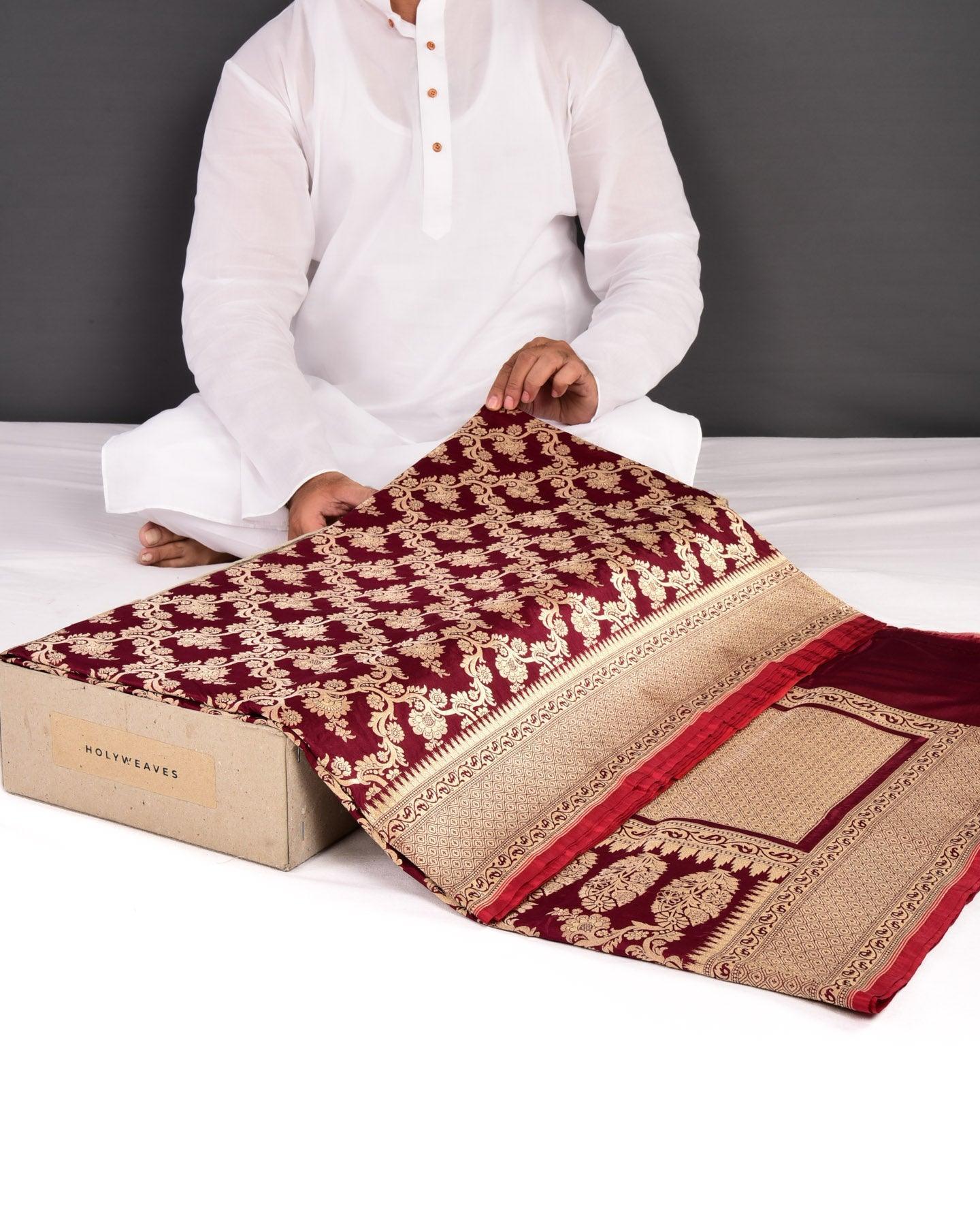 Maroon Banarasi Foral Jangla Sona Zari Cutwork Brocade Handwoven Katan Silk Saree - By HolyWeaves, Benares