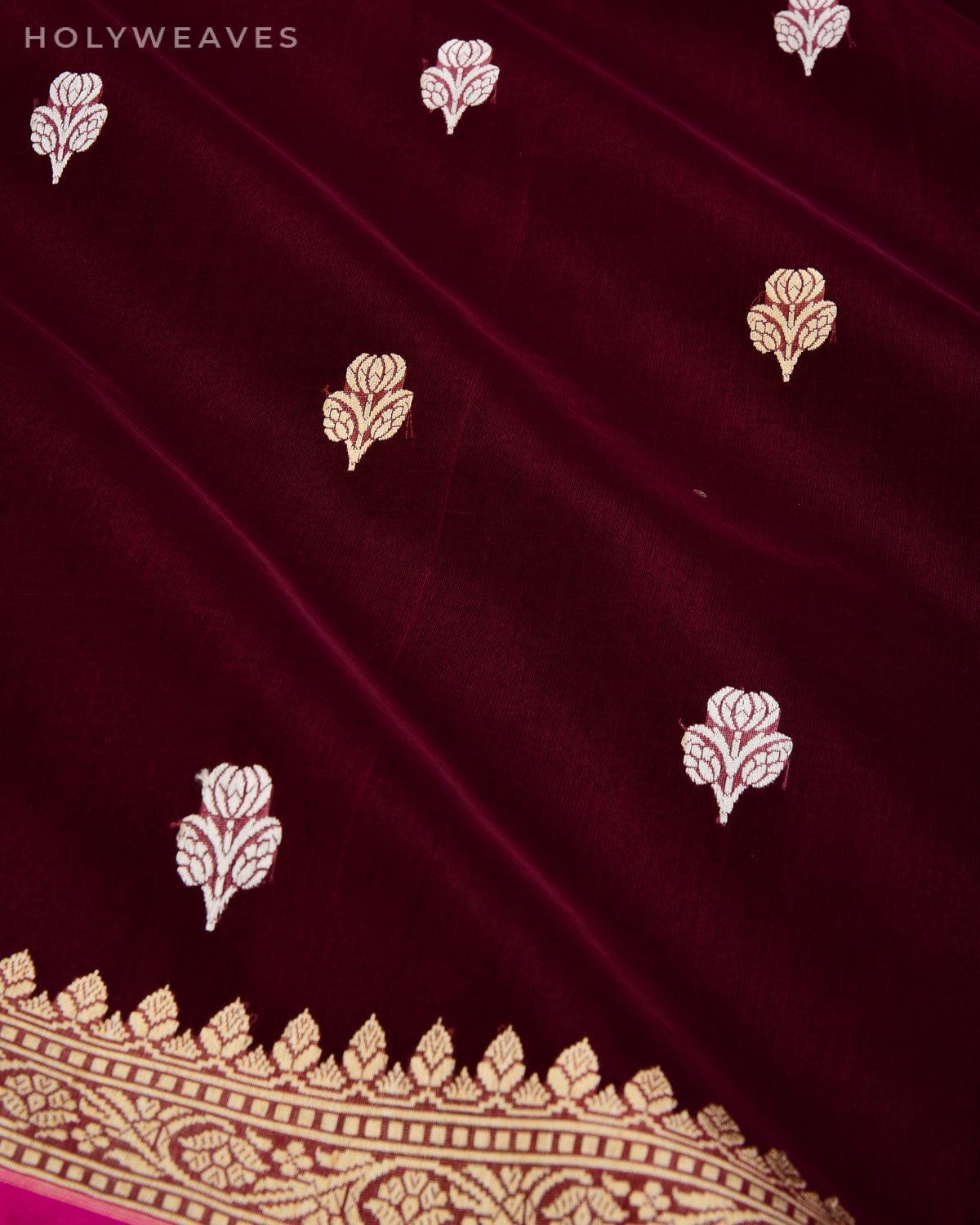 Maroon Banarasi Gold & Silver Buti Kadhuan Brocade Handwoven Kora Silk Saree - By HolyWeaves, Benares