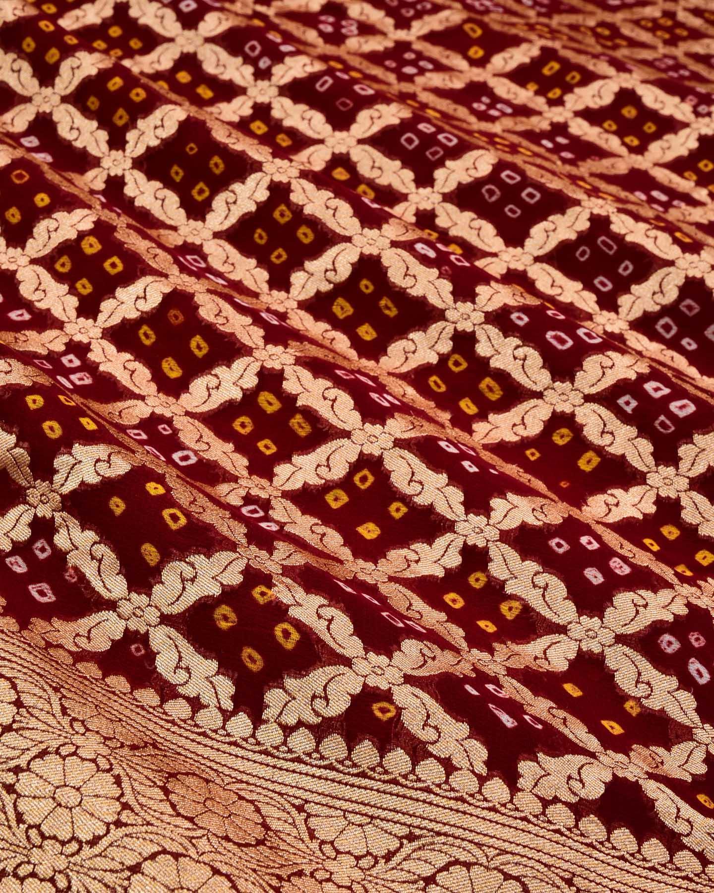 Maroon Banarasi Gold Zari Cutwork Brocade Handwoven Khaddi Georgette Saree with White & Yellow Bandhej - By HolyWeaves, Benares