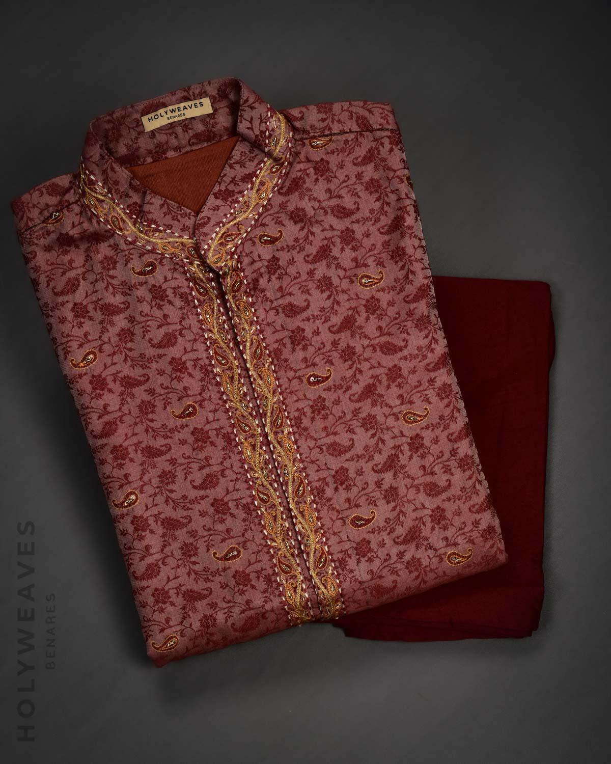 Maroon Banarasi Hand-embroidered Cotton Silk Mens Kurta Pyjama - By HolyWeaves, Benares