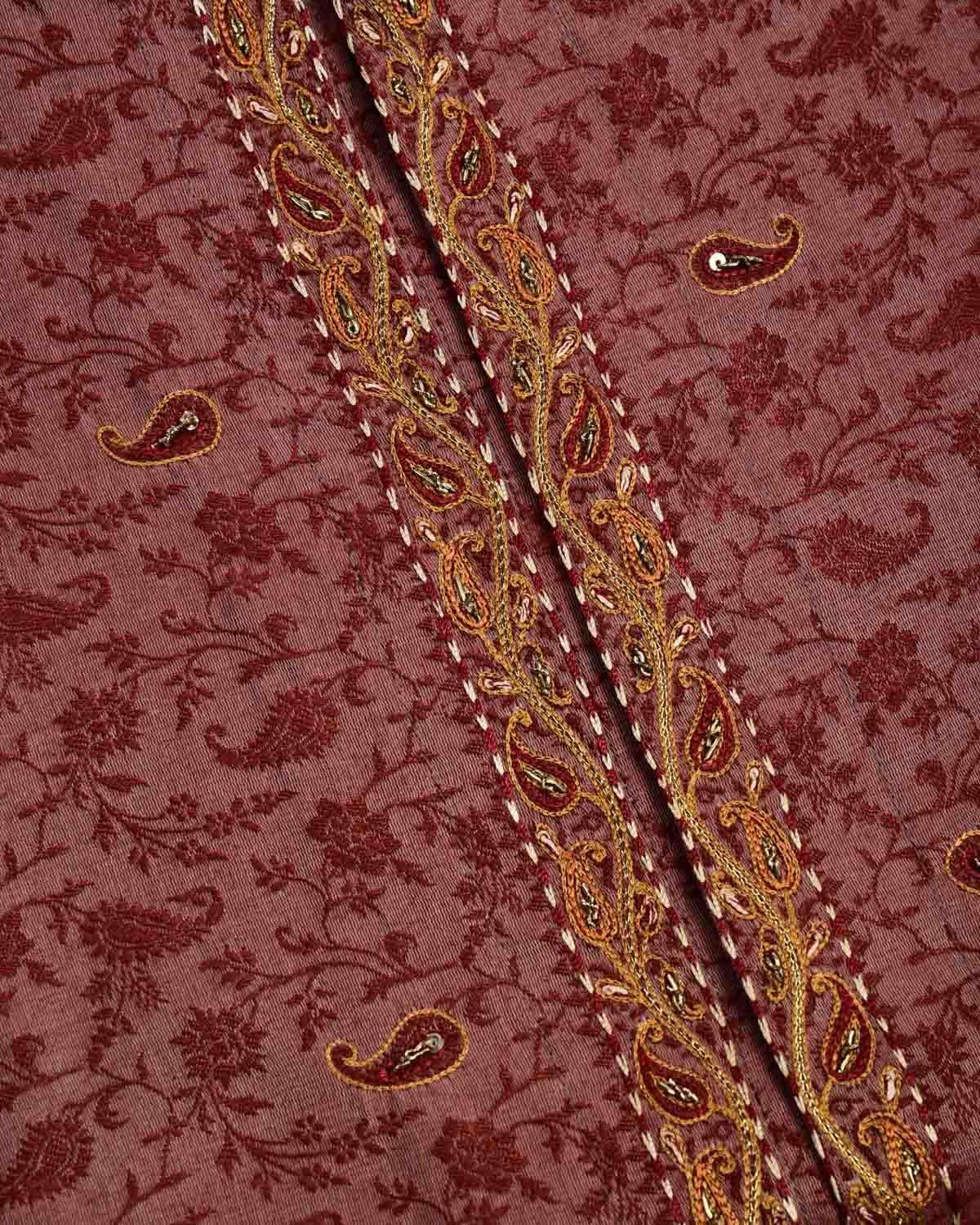 Maroon Banarasi Hand-embroidered Cotton Silk Mens Kurta Pyjama - By HolyWeaves, Benares
