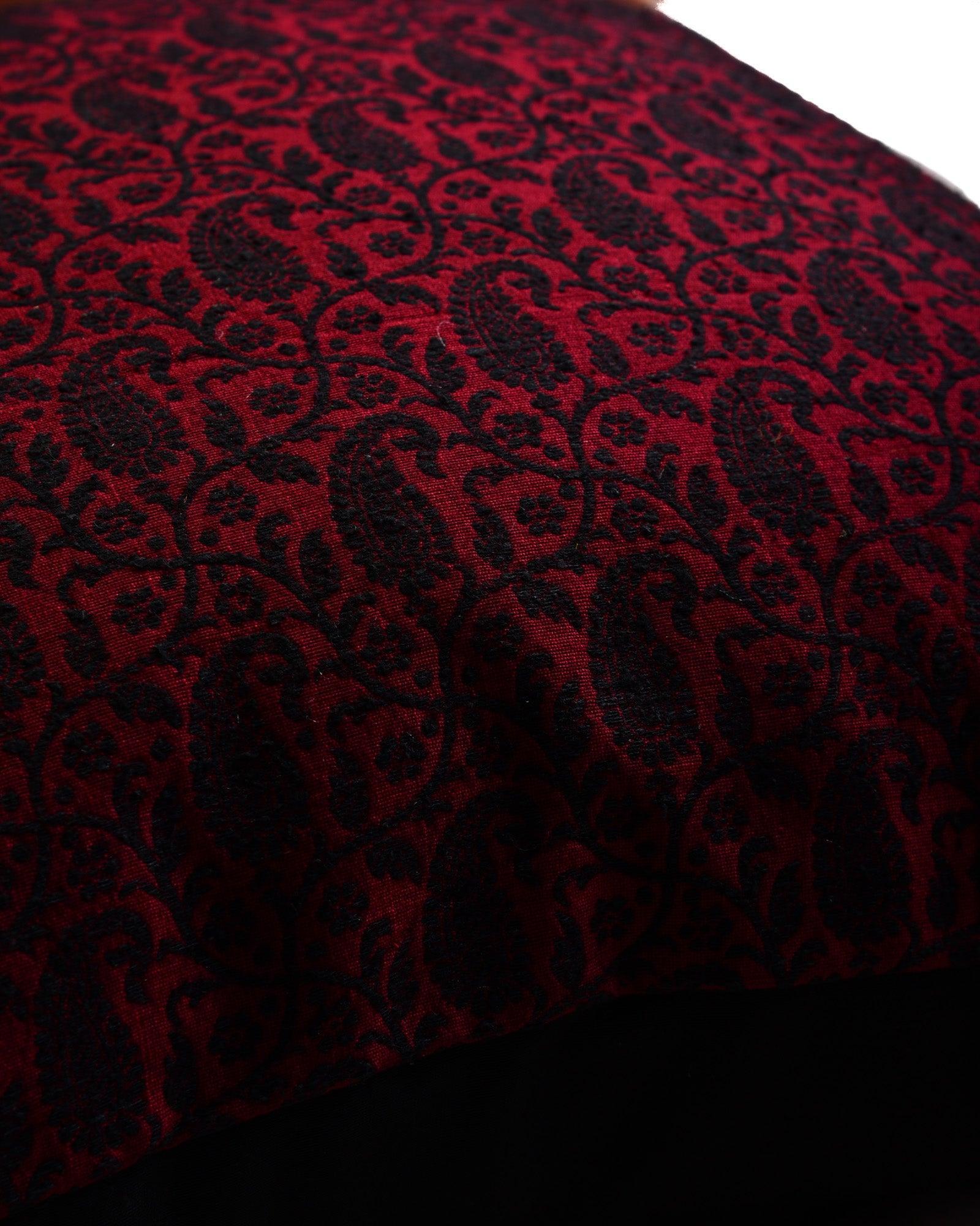 Maroon Banarasi Handloom Paisley Jaal Noile Silk Cushion Cover 16" - By HolyWeaves, Benares