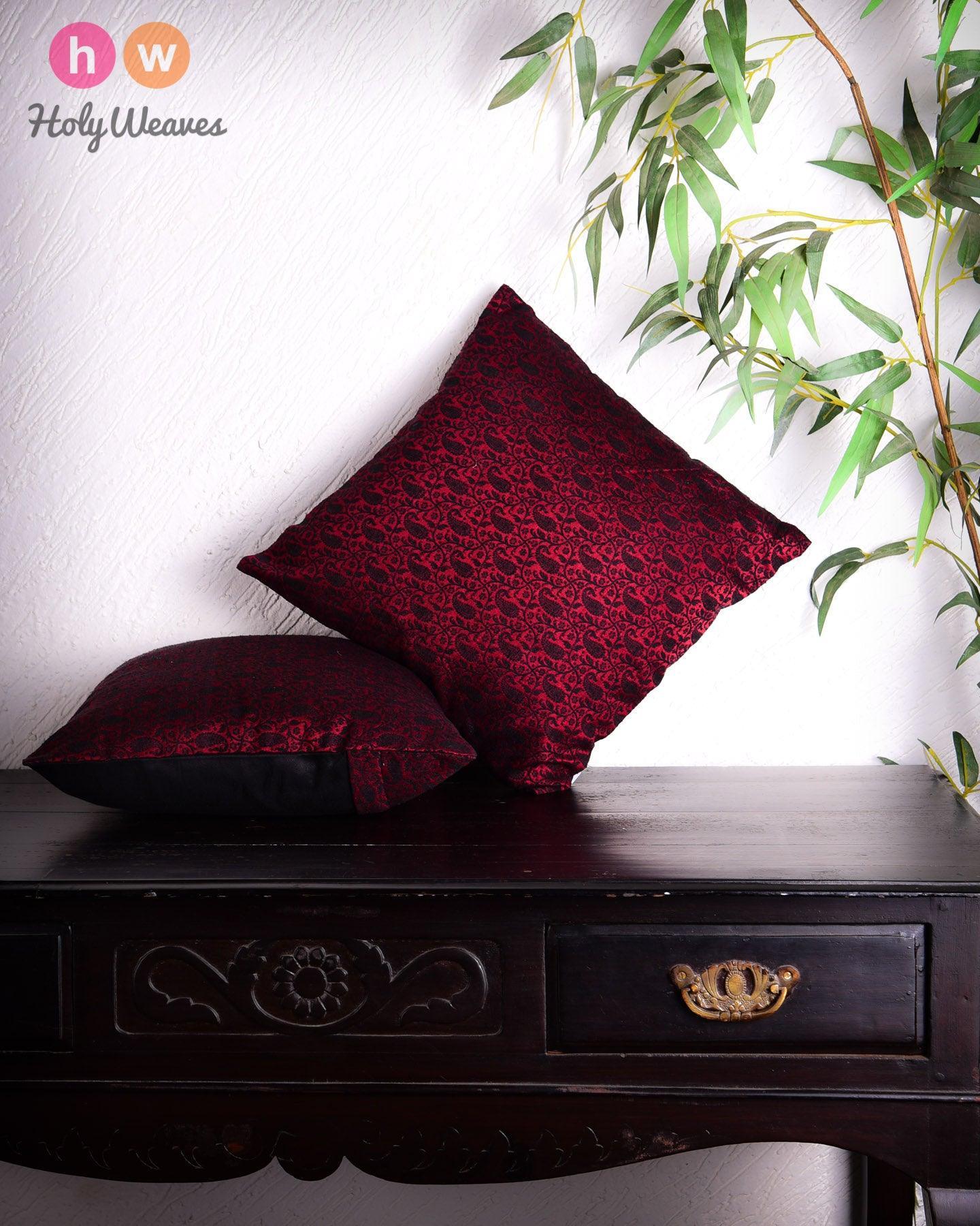 Maroon Banarasi Handloom Paisley Jaal Noile Silk Cushion Cover 16" - By HolyWeaves, Benares