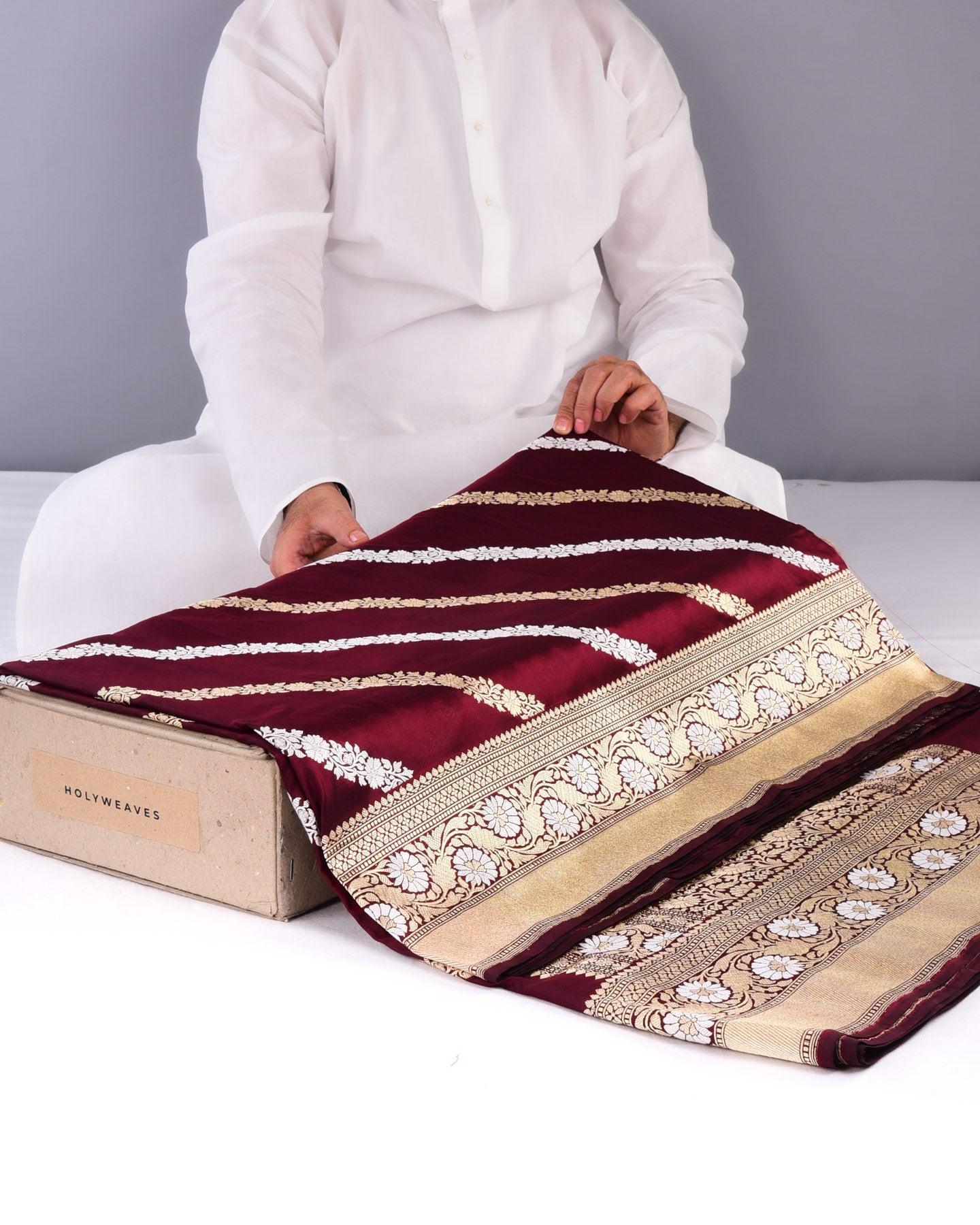 Maroon Banarasi Leheriya Alfi Sona Rupa Kadhuan Brocade Handwoven Katan Silk Saree - By HolyWeaves, Benares