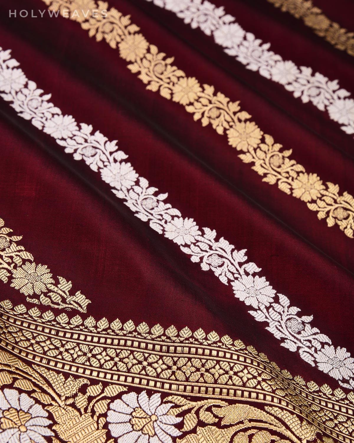 Maroon Banarasi Leheriya Alfi Sona Rupa Kadhuan Brocade Handwoven Katan Silk Saree - By HolyWeaves, Benares