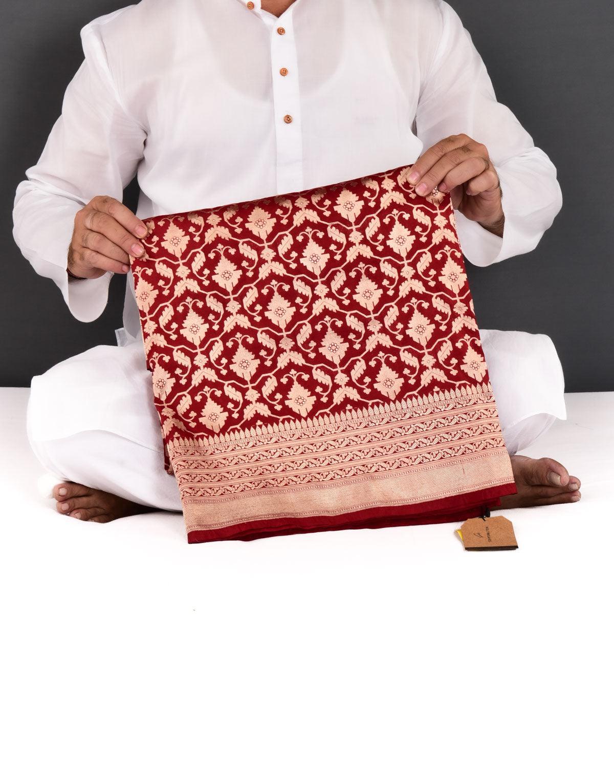 Maroon Banarasi Maheen Jaal Gold Zari Cutwork Brocade Handwoven Katan Silk Saree - By HolyWeaves, Benares