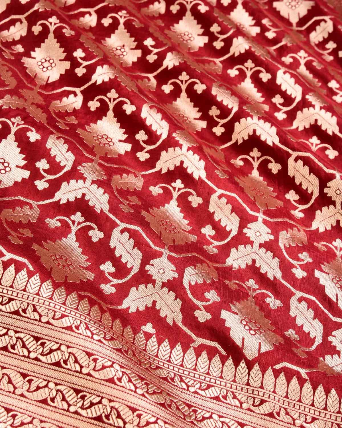 Maroon Banarasi Maheen Jaal Gold Zari Cutwork Brocade Handwoven Katan Silk Saree - By HolyWeaves, Benares