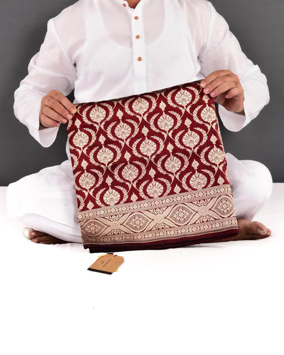 Maroon Banarasi Mughal Jaal Gold Zari Cutwork Brocade Handwoven Katan Silk Saree - By HolyWeaves, Benares
