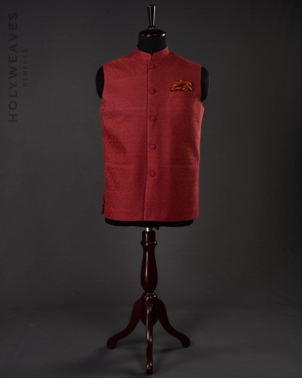 Maroon Banarasi Resham Damask Brocade Handwoven Noile Silk Mens Modi Jacket - By HolyWeaves, Benares