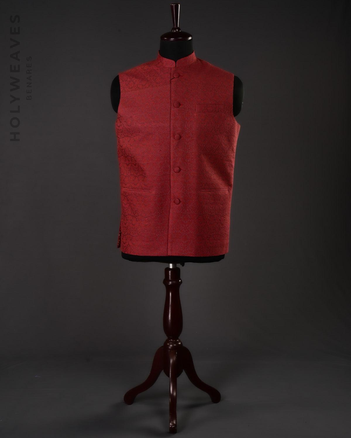 Maroon Banarasi Resham Damask Brocade Handwoven Noile Silk Mens Modi Jacket - By HolyWeaves, Benares