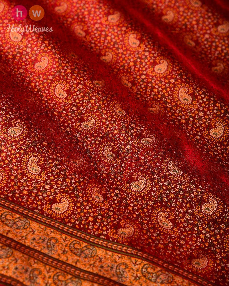 Maroon Banarasi Tehri Jamawar Handwoven Katan Silk Saree with Maheen Kairi Jaal - By HolyWeaves, Benares