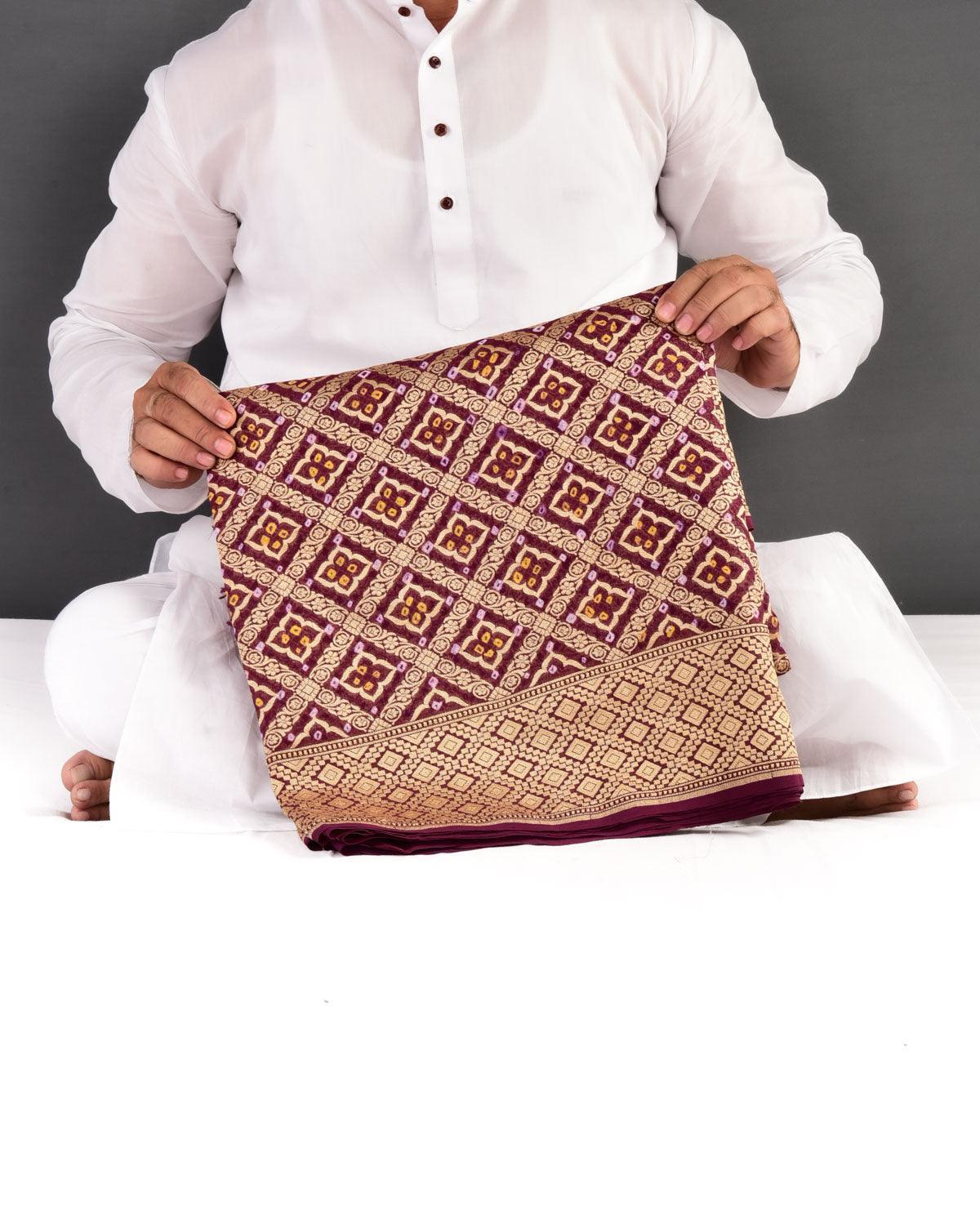Maroon Banarasi Traditional Jangla Gold Zari Cutwork Brocade Handwoven Khaddi Georgette Saree with White & Yellow Bandhej - By HolyWeaves, Benares