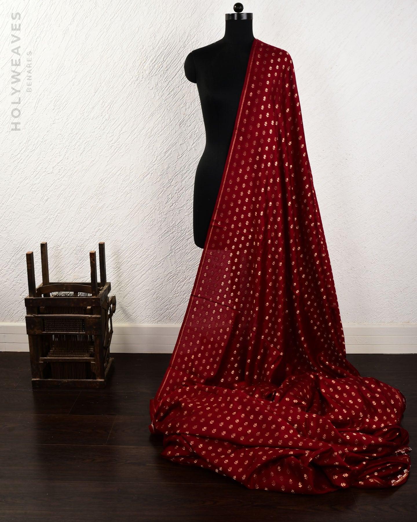 Maroon Banarasi Zari Buti Cutwork Brocade Woven Spun Silk Fabric - By HolyWeaves, Benares
