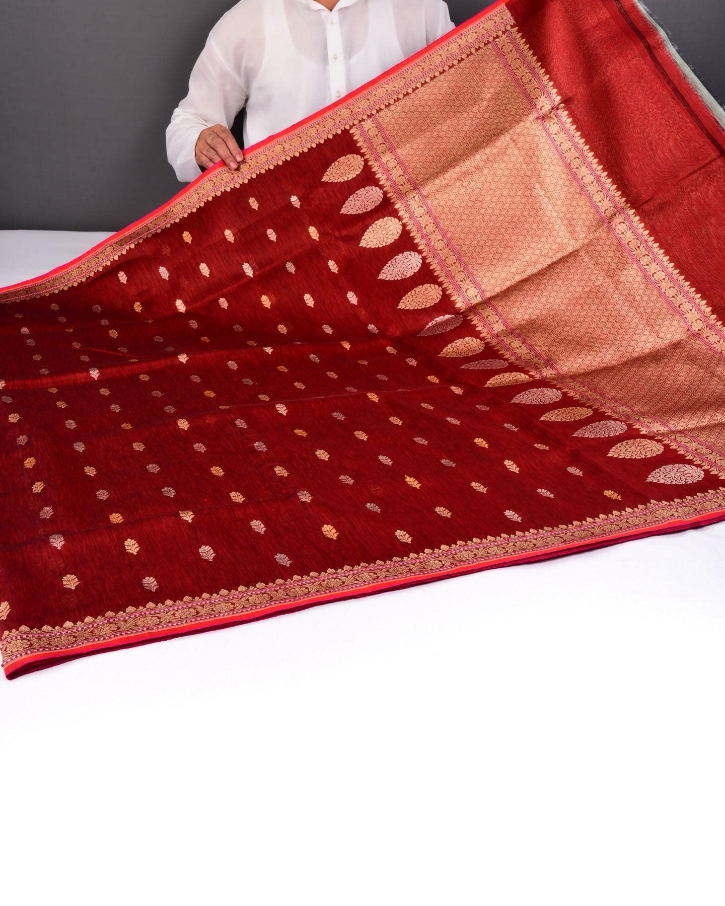 Maroon Banarasi Zari Buti Kadhuan Brocade Handwoven Linen Silk Saree with 2-tone Selvage - By HolyWeaves, Benares