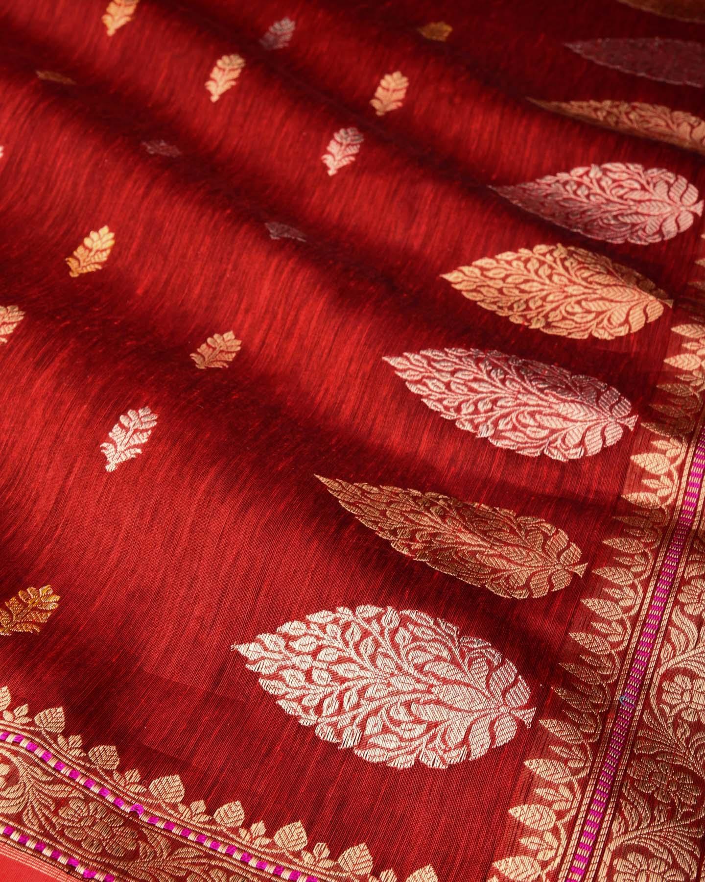 Maroon Banarasi Zari Buti Kadhuan Brocade Handwoven Linen Silk Saree with 2-tone Selvage - By HolyWeaves, Benares