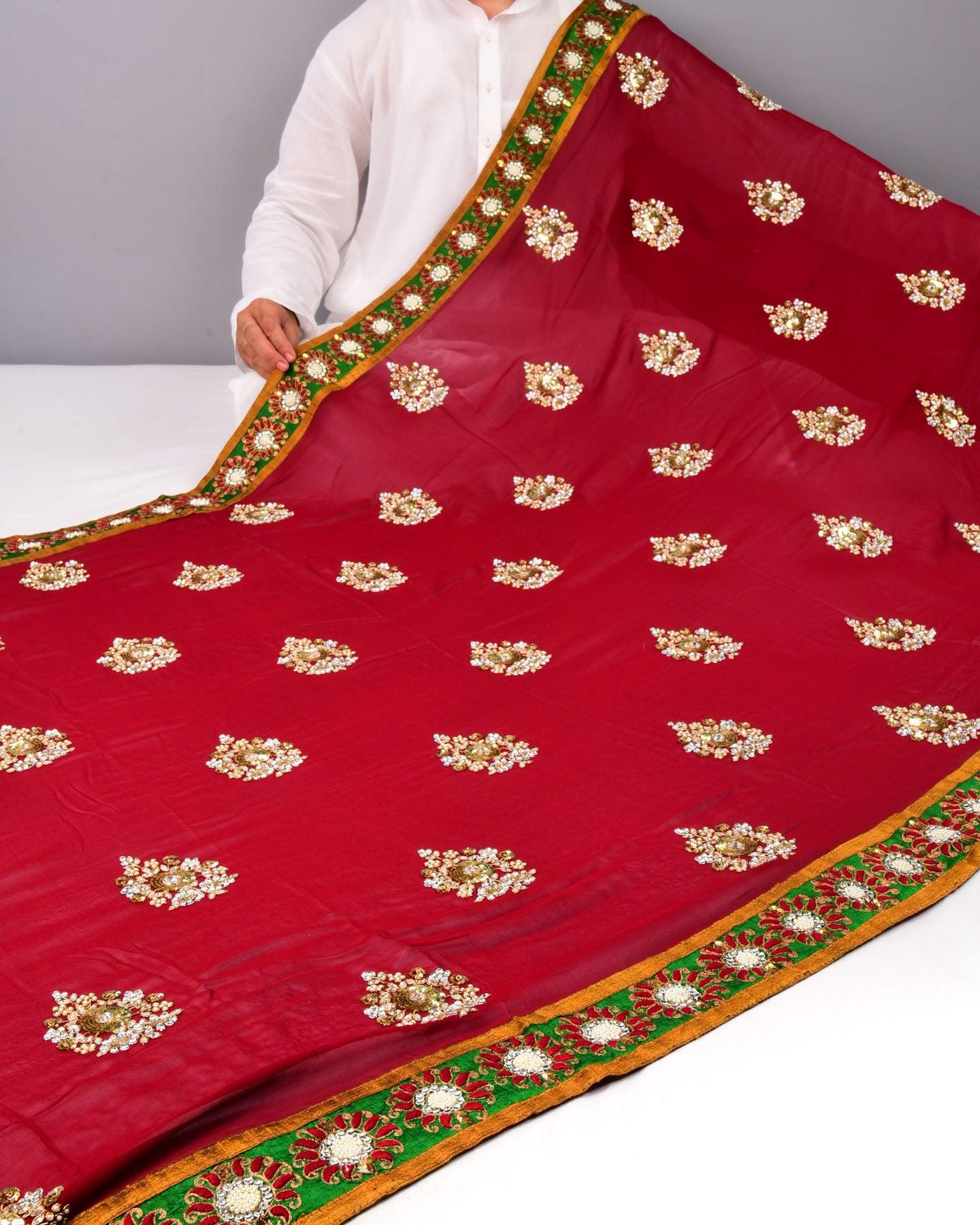 Maroon Hand-embroidered Georgette Saree - By HolyWeaves, Benares