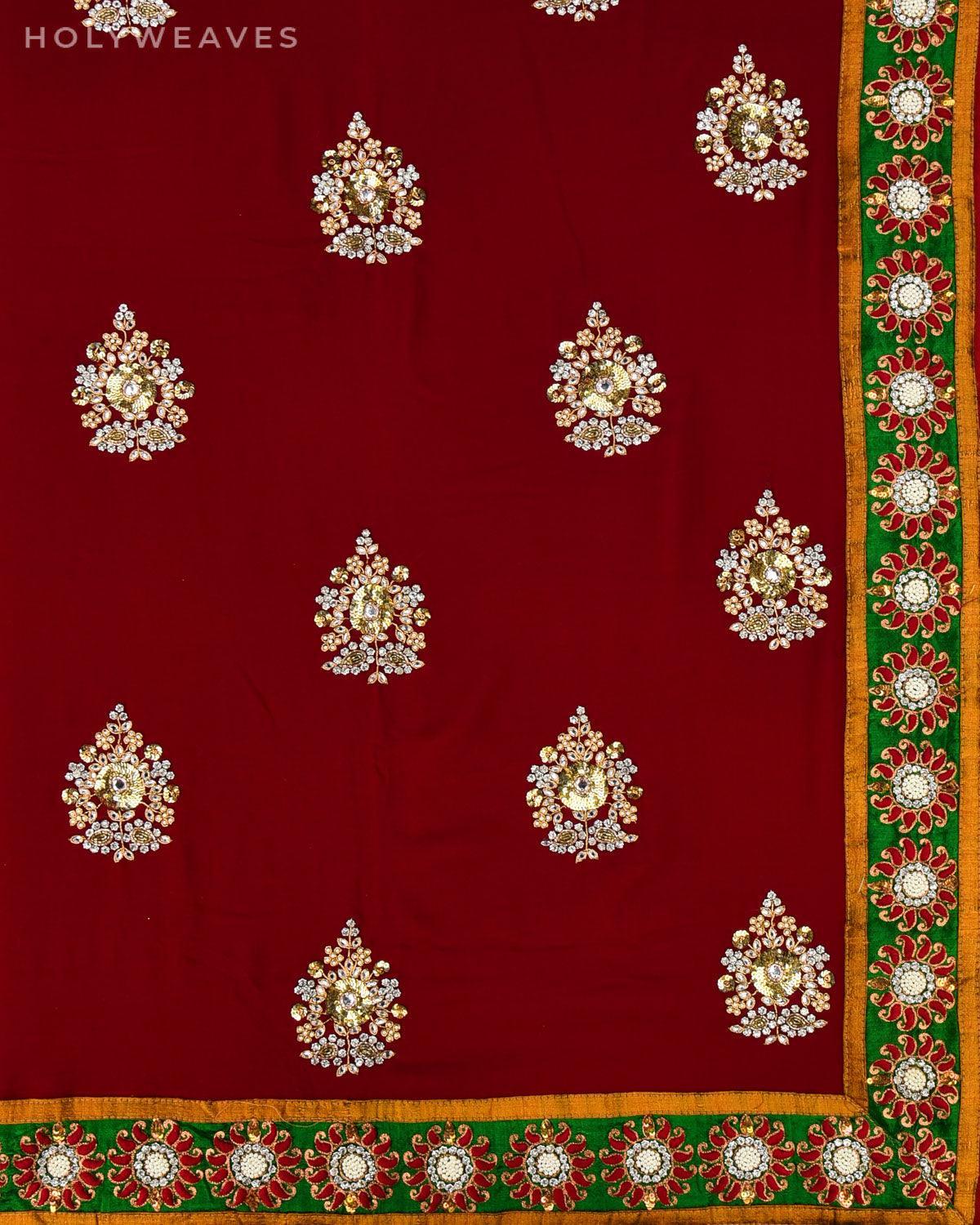 Maroon Hand-embroidered Georgette Saree - By HolyWeaves, Benares