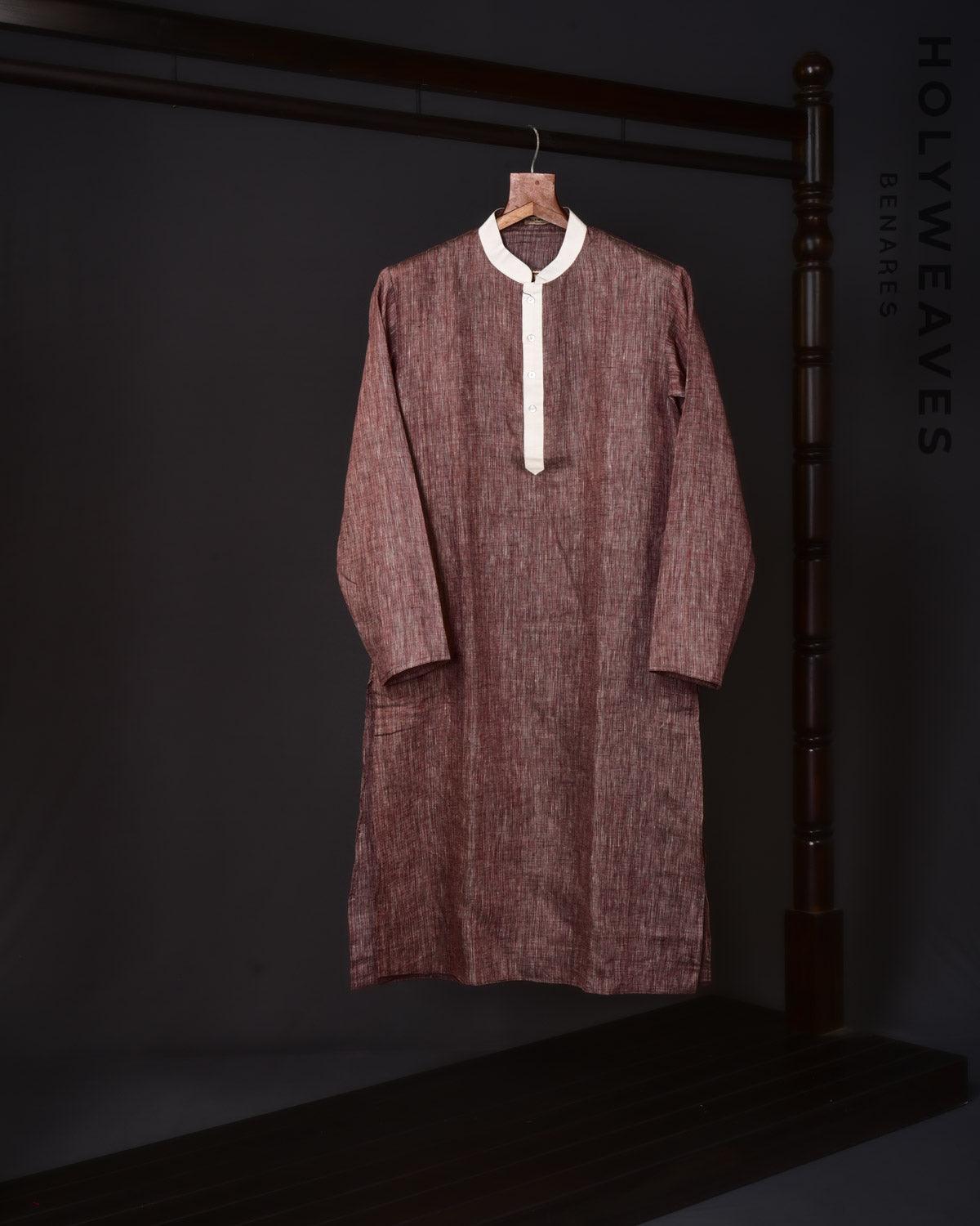 Maroon Linen Silk Mens Kurta Pyjama - By HolyWeaves, Benares