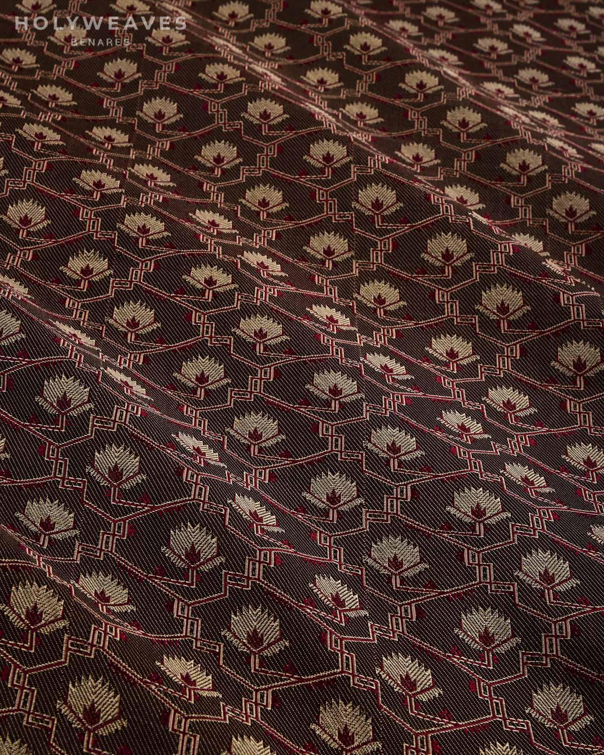 Maroon on Beige Banarasi Tanchoi Handwoven Katan Silk Fabric - By HolyWeaves, Benares