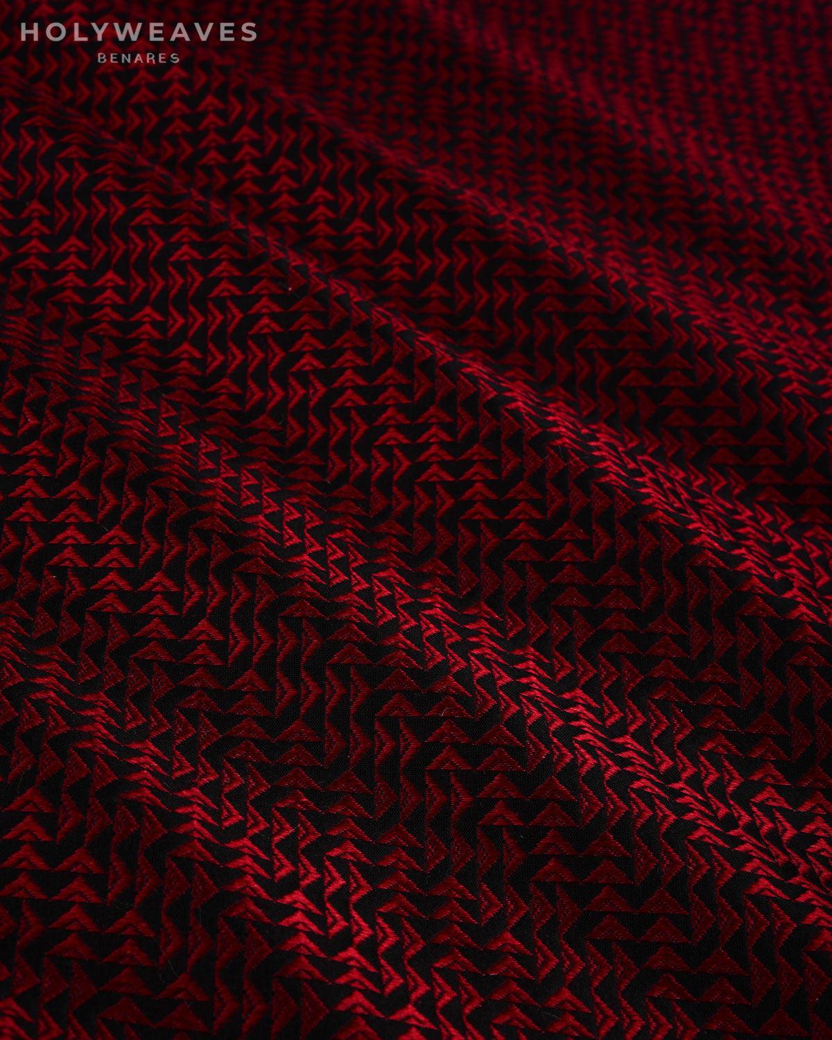 Maroon on Black Banarasi Arrowhead Tanchoi Handwoven Katan Silk Fabric - By HolyWeaves, Benares