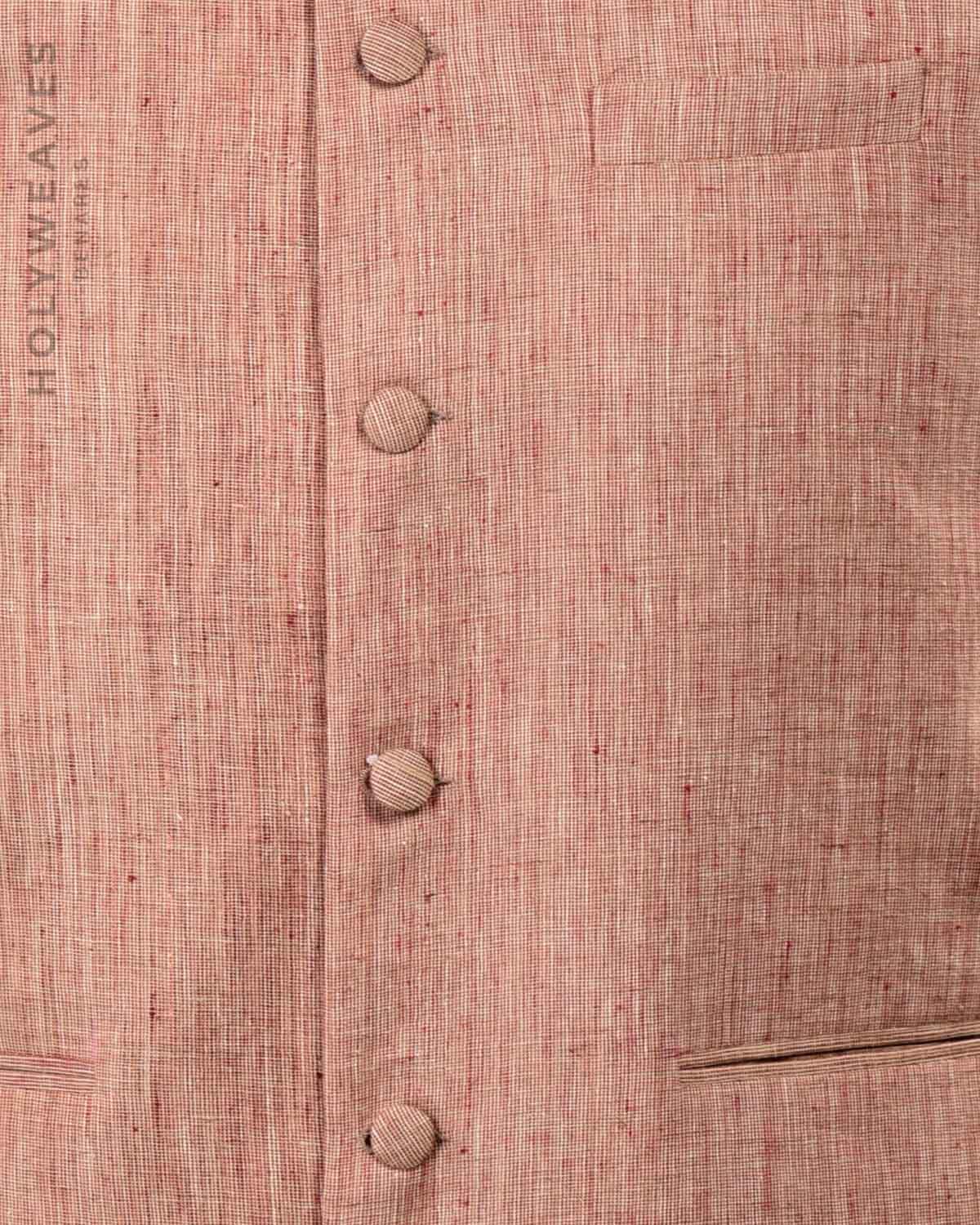 Maroon on Cream Banarasi Handwoven Linen Cotton Mens Modi Jacket - By HolyWeaves, Benares