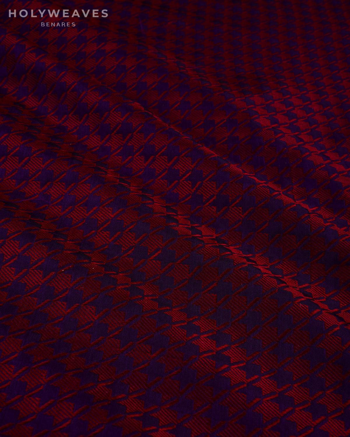 Maroon on Purple Banarasi Resham Houndstooth Brocade Handwoven Katan Silk Fabric - By HolyWeaves, Benares