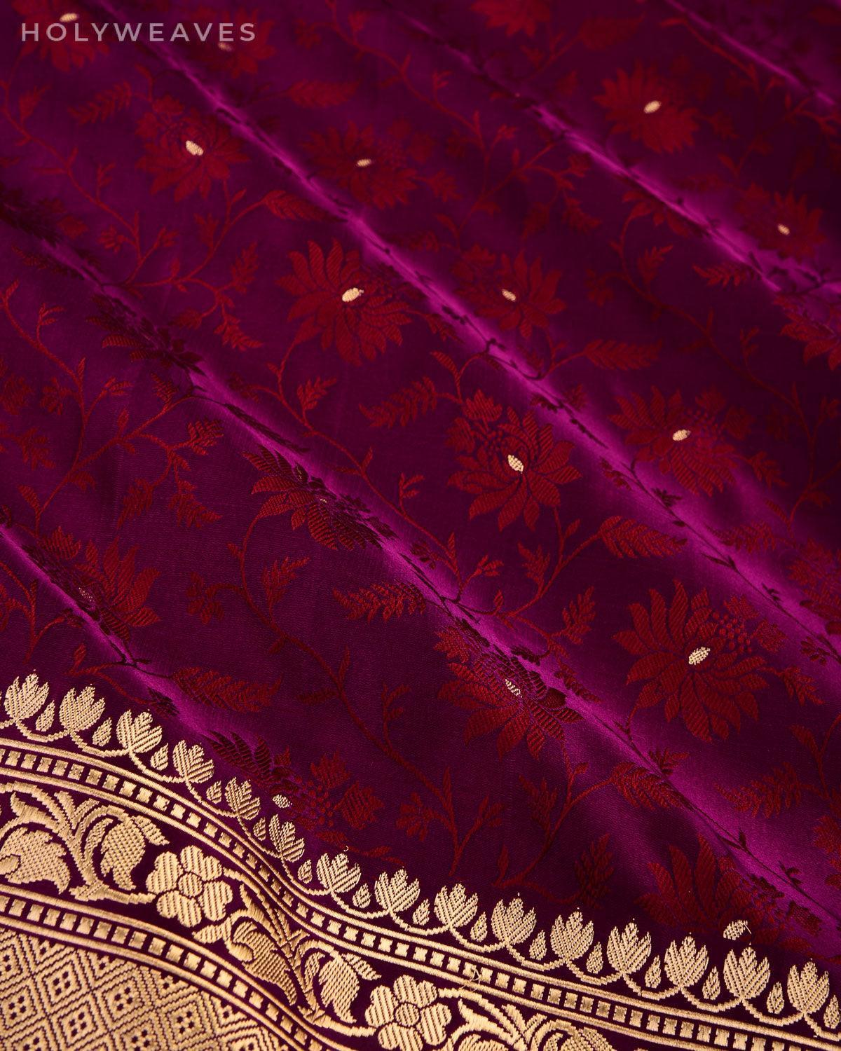 Maroon on Purple Banarasi Zari Buti Tanchoi Brocade Handwoven Katan Silk Saree - By HolyWeaves, Benares